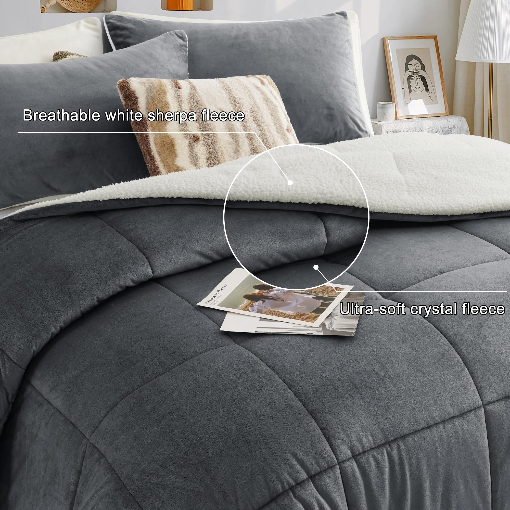 BEDHOURS Queen Comforter Set - Ultra Soft Micromink & Sherpa Reversible 3-Piece Bedding | Down Alternative Plush Comforter + 2 Pillowcases | Winter Warmth & Cozy Comfort (Charcoal Grey) for Bedroom, Guest Room & Dorm