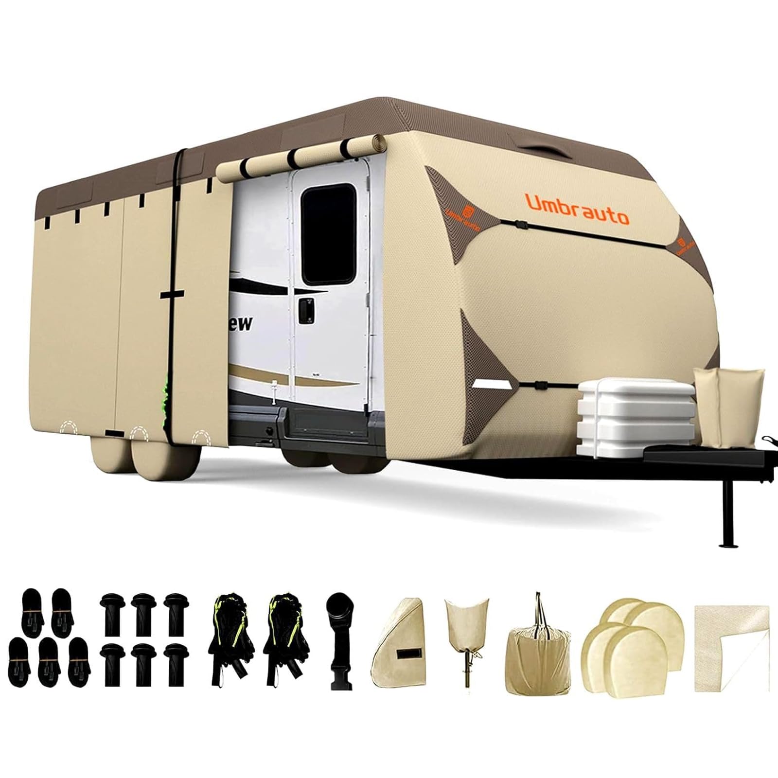 Umbrauto Premium RV Travel Trailer Cover - Heavy Duty 7-Layer Waterproof & Windproof Camper Cover for 14'-16' Trailers | Includes 4 Tire Covers, Tongue Jack Cover, Gutter Protection & 2 Extra Windproof Straps | Perfect for Outdoor Storage, Winter Protection & Long-Term RV Shelter
