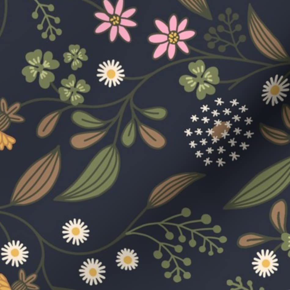 Floral Black Nature Clover Weeds Dandelion Greens Printed Denim Fabric by The Yard - Bottomweight Cotton Material for Apparel, Home Decor & Upholstery | Perfect for DIY Dresses, Curtains, Throw Pillows and Furniture Projects