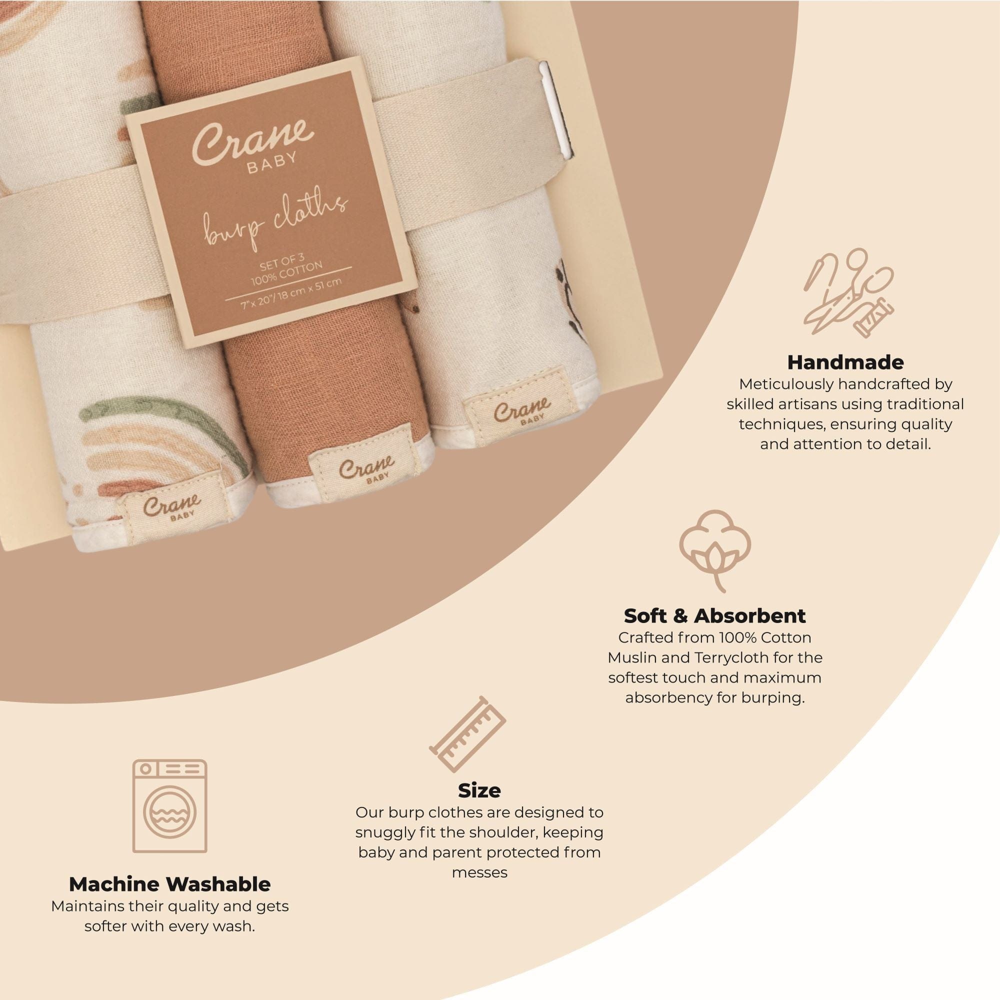 Premium Crane Parker 3-Piece Burp Cloths Set - Ultra Absorbent Baby Spit-Up Cloths for Newborns & Infants - Soft & Gentle on Baby's Skin - Perfect for Feeding, Burping & Diaper Changes