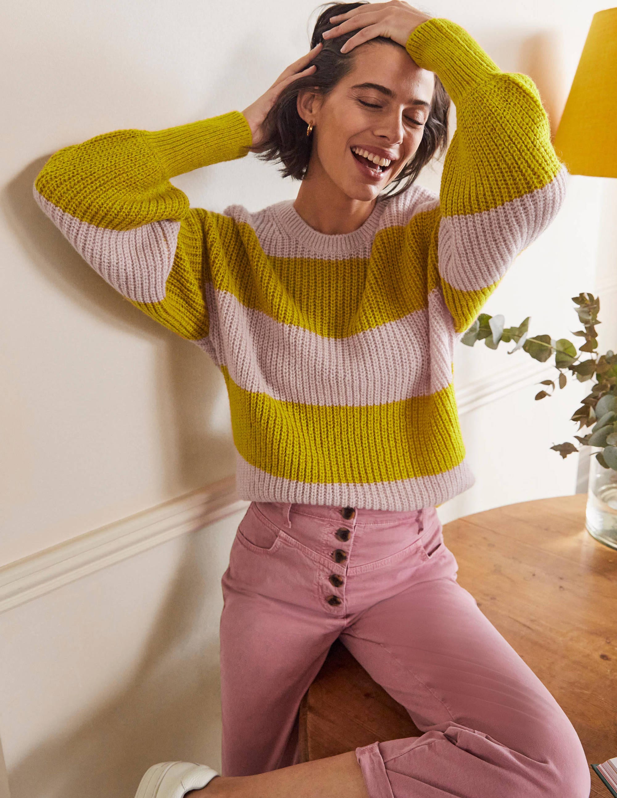 Fluffy Sweater with Blouson Cuff in Pink & Yellow Multistripe - Cozy Winter Wear for Women | Perfect for Casual Outfits, Office Looks & Holiday Parties