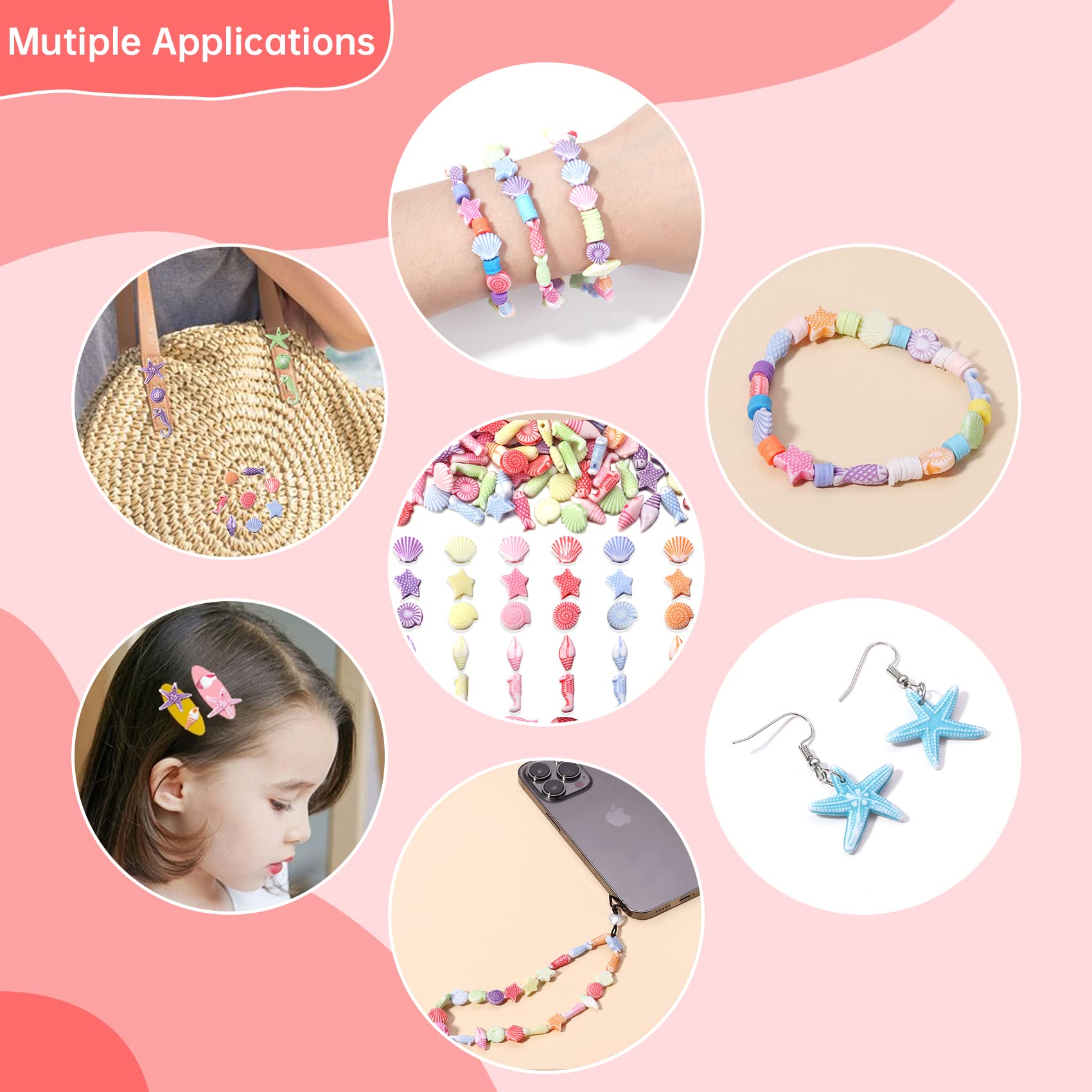 200pcs Acrylic Beads Mixed Shells Starfish Scallops - Marine Organism Spacer Beads for DIY Jewelry Making, Bracelets, Necklaces - Perfect for Beach Theme Crafts, Party Favors, and Home Decor