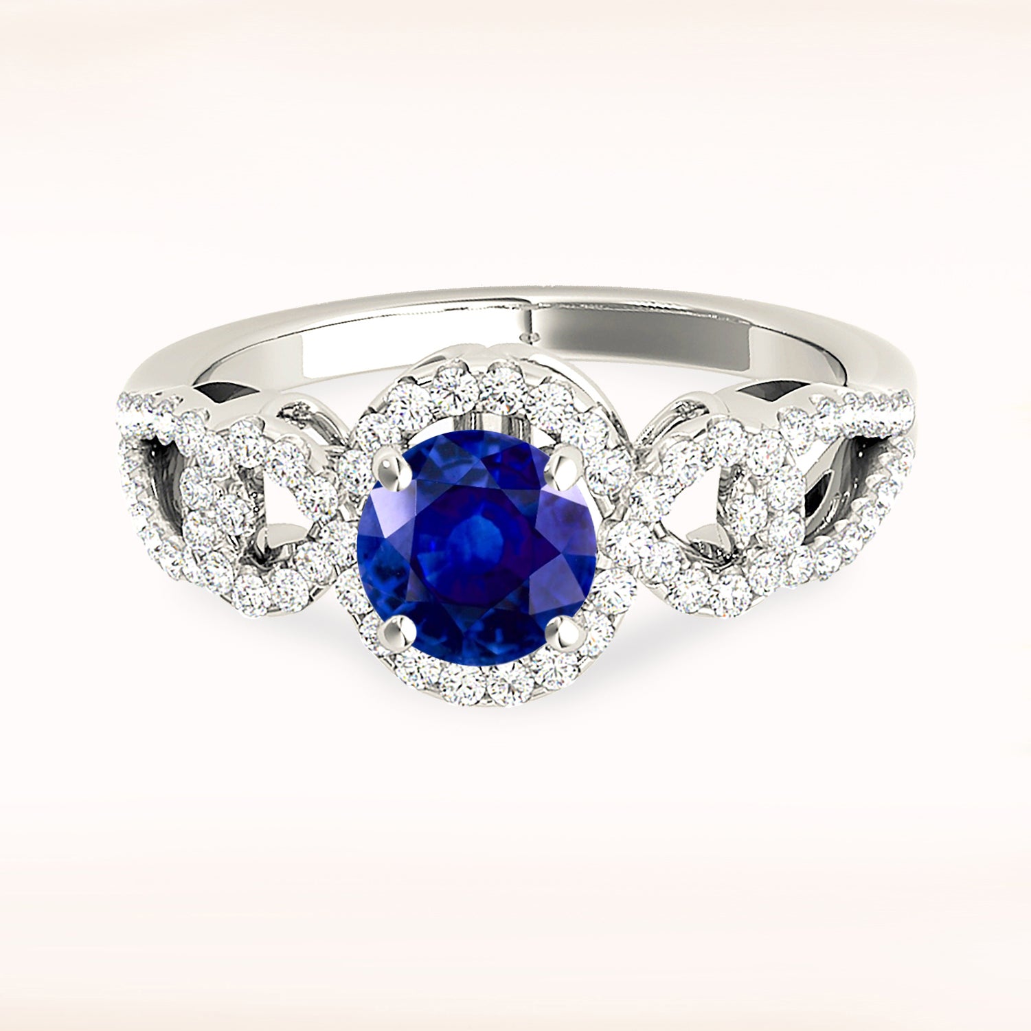 1.35 Carat Genuine Blue Sapphire Knot Halo Ring - Elegant Engagement, Wedding, Anniversary Jewelry Gift for Her