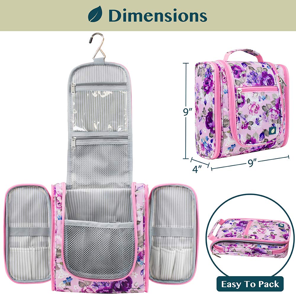 PAVILIA Hanging Toiletry Bag for Women & Men - Waterproof Travel Cosmetic Organizer with Multiple Pockets, Large Makeup Bag for Toiletries & Accessories (Floral Pink) - Perfect for Travel, Camping & Gym Essentials
