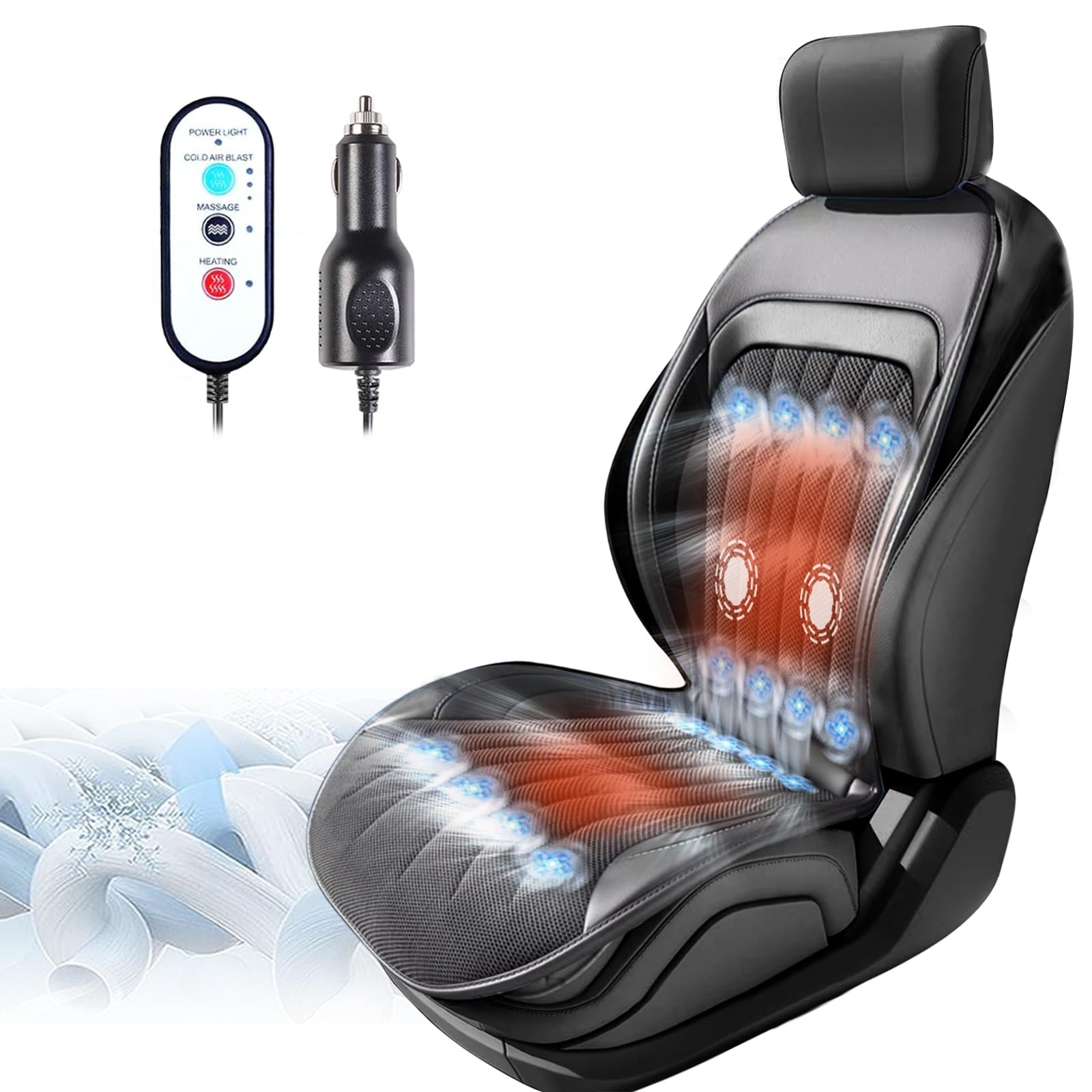 3 in 1 Car Seat Cushion with Heating & Cooling - 16 High Power Fans, 3 Adjustable Levels & Massage Function - Breathable Car Seat Cover for Summer & Winter Driving - Perfect for Long Commutes, Road Trips & Daily Use (Black, 1 Piece)