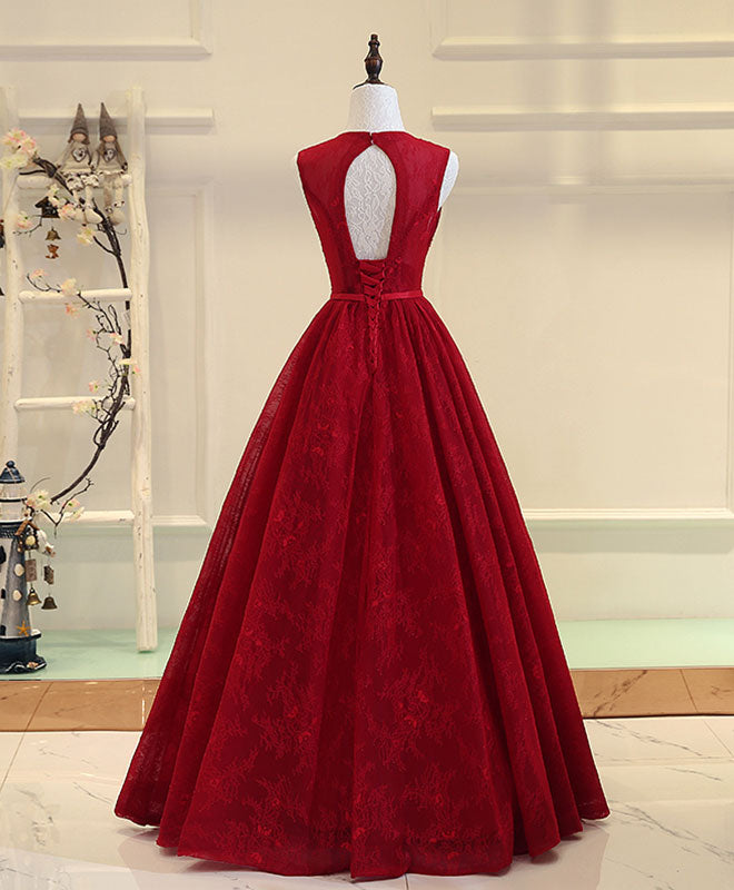 Elegant Burgundy V-Neck Lace Long Prom Dress for Women - Formal Evening Gown for Homecoming, Wedding, and Special Occasions