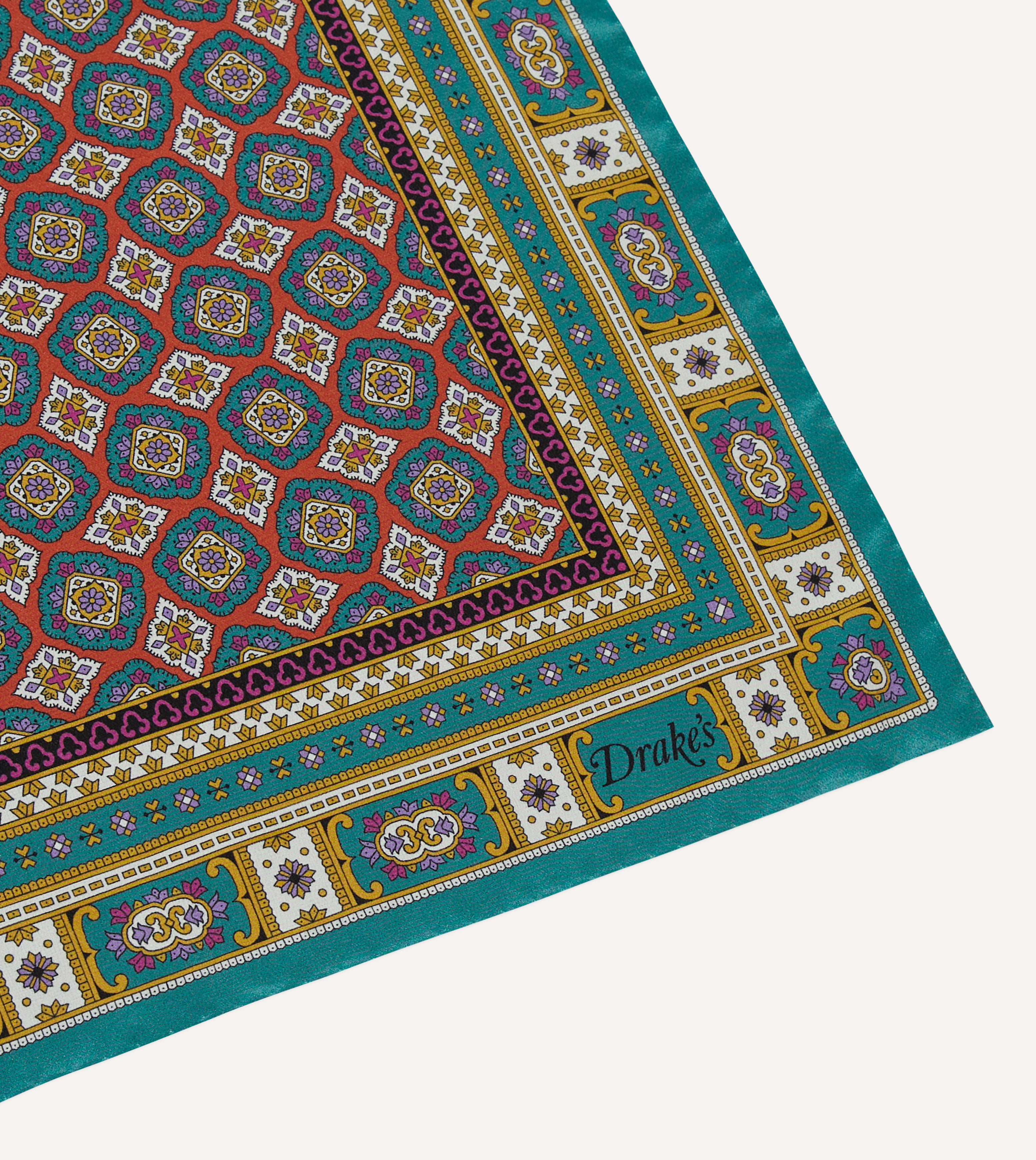 Elegant Green, Red & Gold Floral Medallion Print Silk Pocket Square for Men - Perfect for Weddings, Business & Formal Events