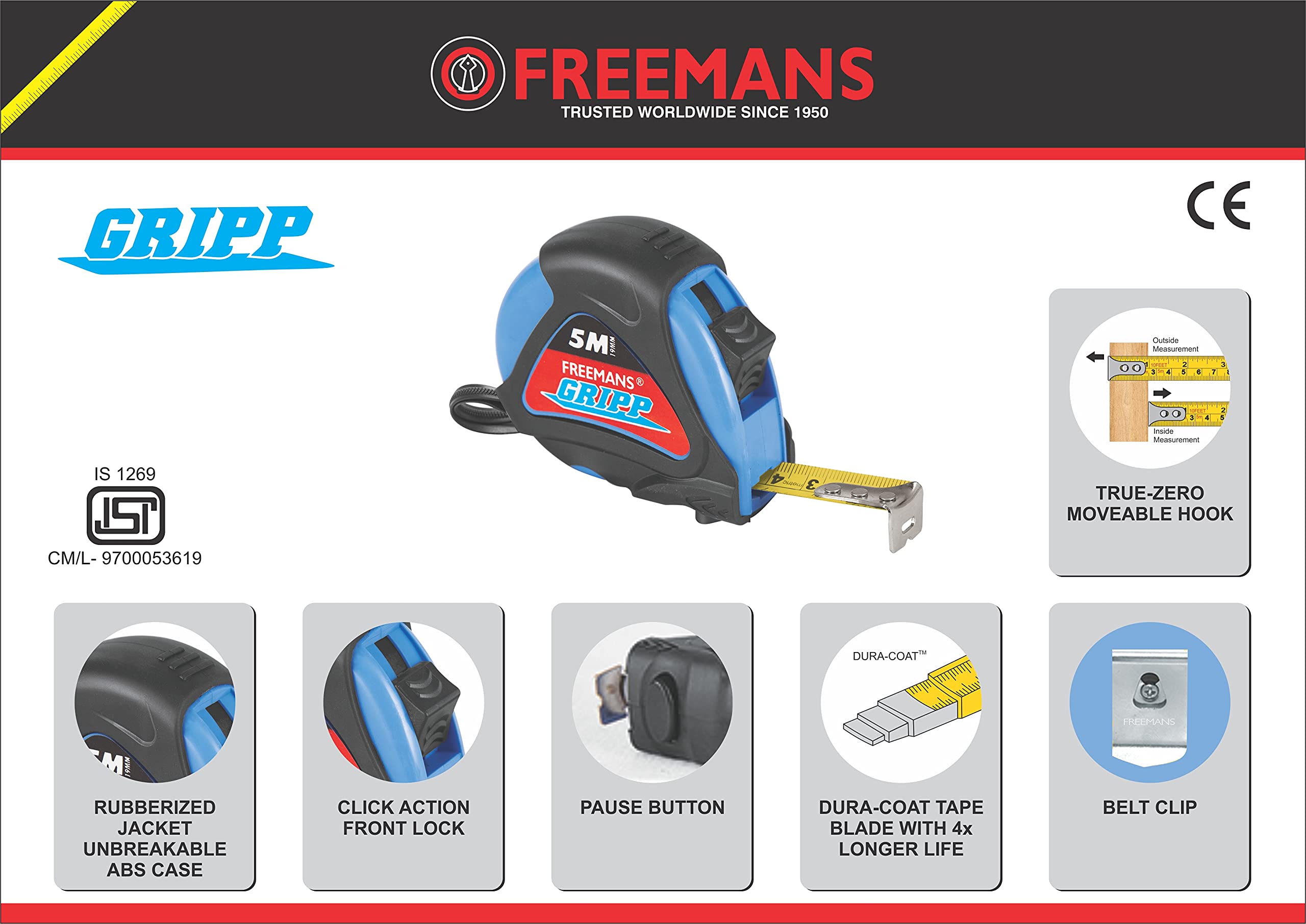 Freemans Gripp 3M 16mm & 5M 19mm Measuring Tape Set - Durable Construction Measuring Tools for DIY, Carpentry, and Home Improvement Projects