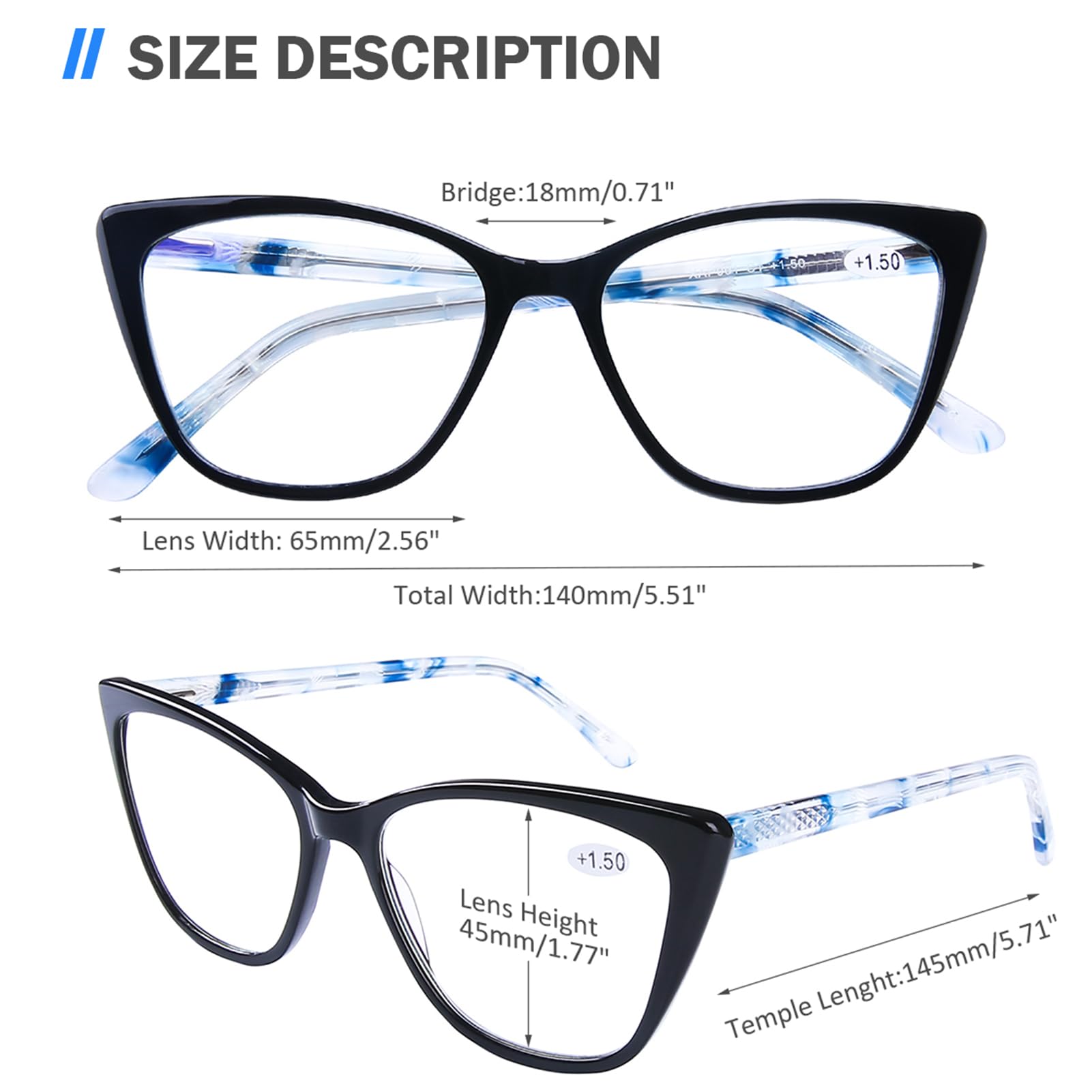AQWANO Stylish Cat Eye Computer Reading Glasses for Women - Blue Light Blocking Eyeglasses with UV400 Protection, Anti-Eyestrain, Oversized Designer Frames (Black, +2.5 Magnification) - Perfect for Office Work, Screen Time & Reading