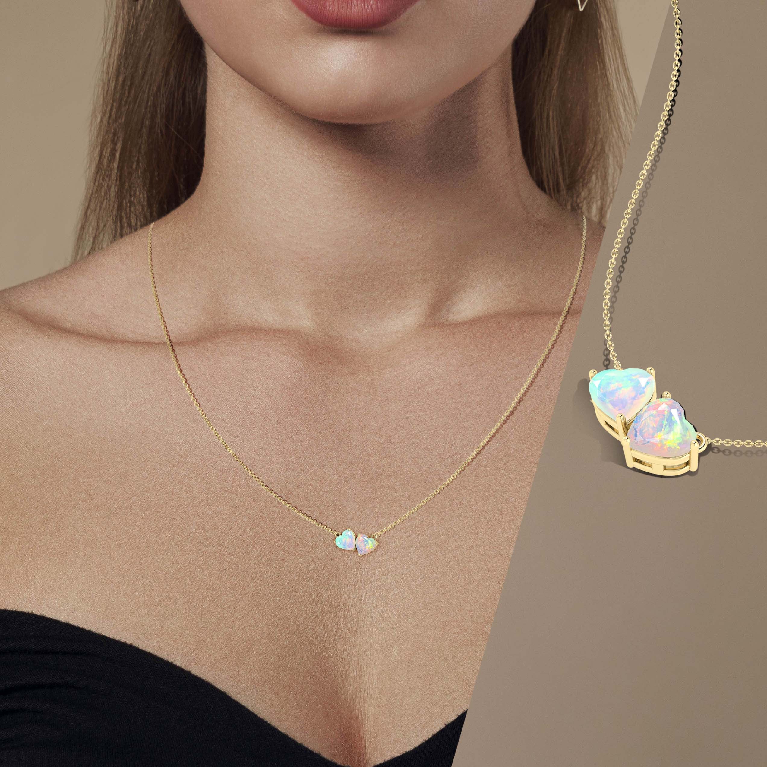Natural White Opal Dual Heart Pendant Necklace - Elegant Jewelry Gift for Women - Perfect for Valentine's Day, Anniversary & Special Occasions