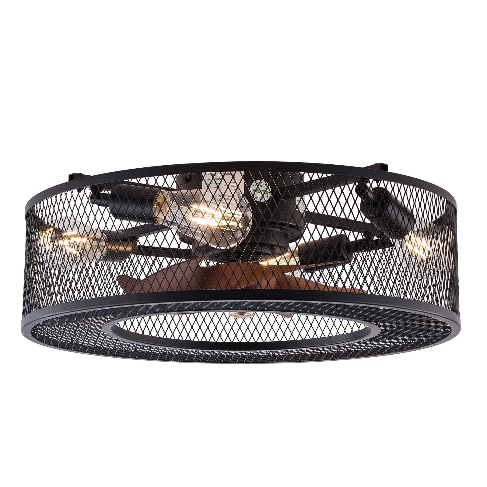 20 Inch Black Iron Caged Ceiling Fan with Light - 3 Speed Adjustable Remote Control, Low Profile Flush Mount Chandelier - Perfect for Bedroom, Dining Room, Living Room & Home Office Decor