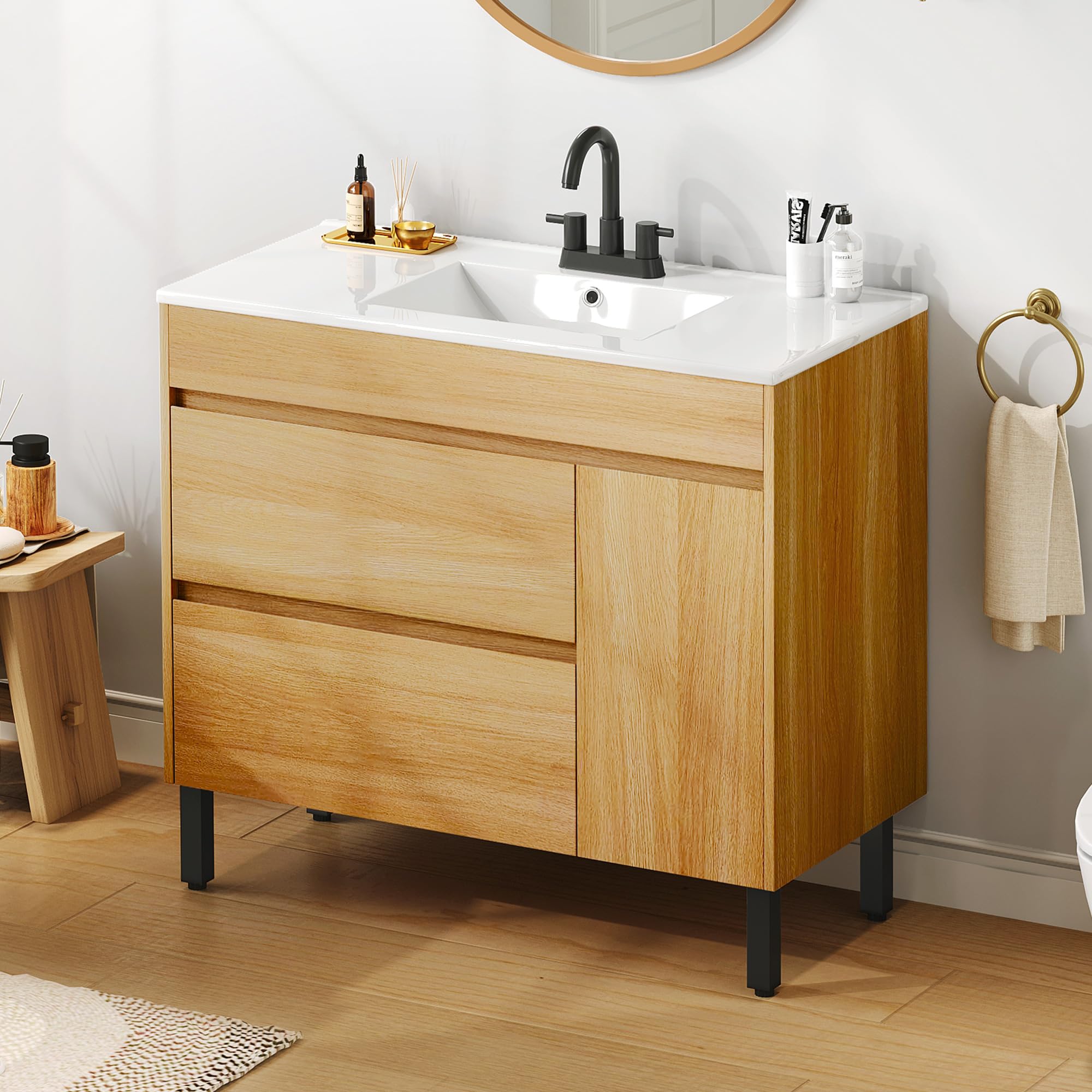 36 Inch Modern Bathroom Vanity with Undermount Ceramic Sink - Natural Brown Bathroom Cabinet with Soft Closing Doors, 2 Drawers & Adjustable Legs | Perfect for Small Bathrooms, Powder Rooms & Home Renovations