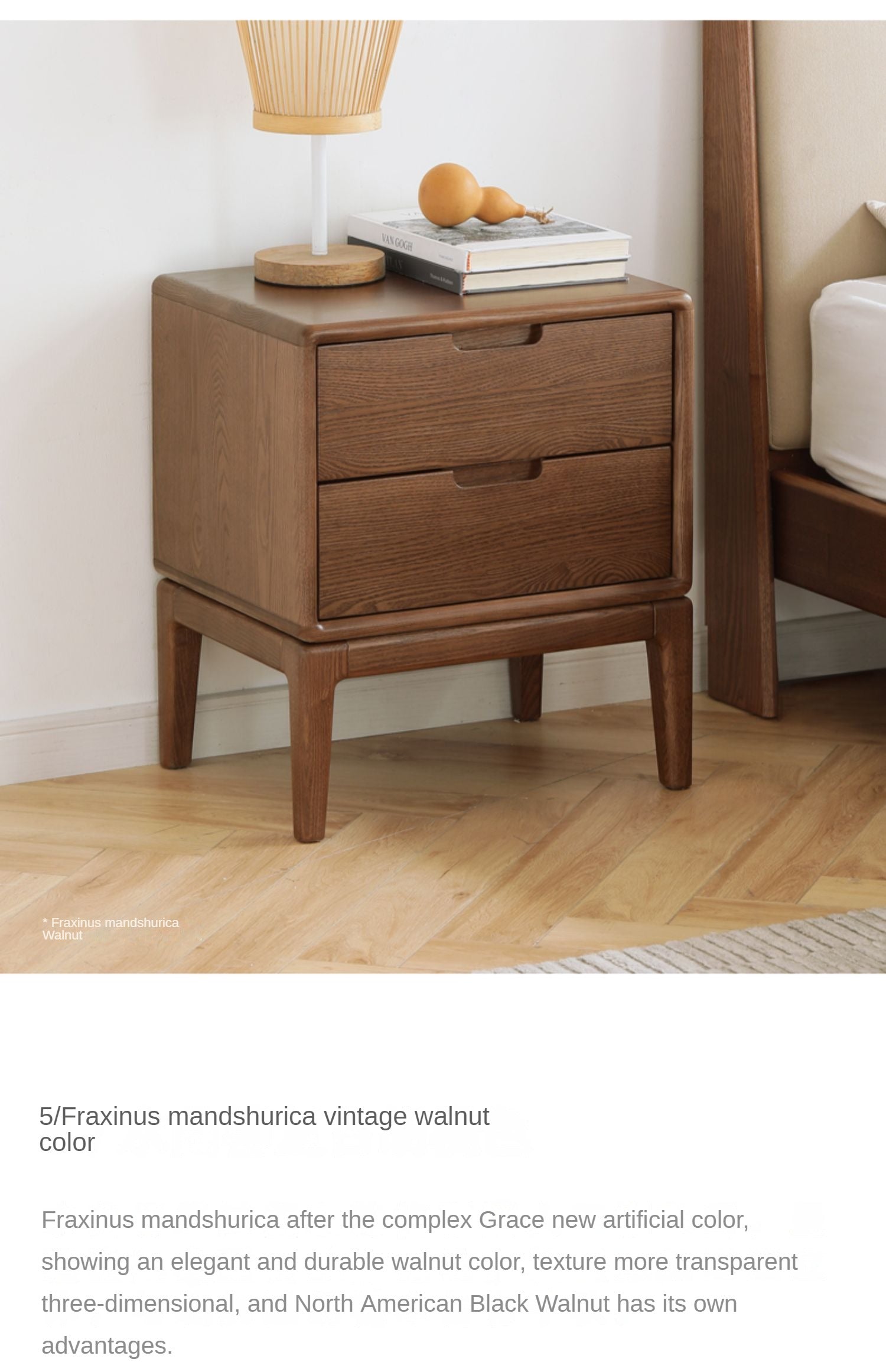 Premium Black Walnut & Ash Solid Wood Nightstand - Modern Nordic Style Bedside Table for Bedroom, Living Room, or Office - Durable & Stylish Furniture with Storage Shelf
