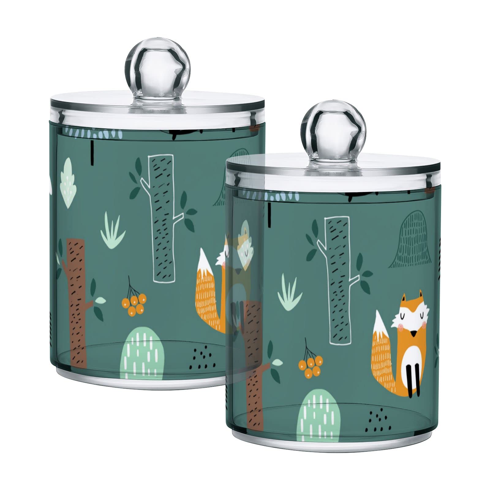 Set of 4 Green Forest Animal Plastic Storage Jars with Lids - 10oz Translucent Food Containers for Tea, Cookies, Cotton Swabs | Cute Bear Fox Hedgehog Design | Perfect for Kitchen Pantry Organization, Bathroom Essentials & DIY Canning Supplies