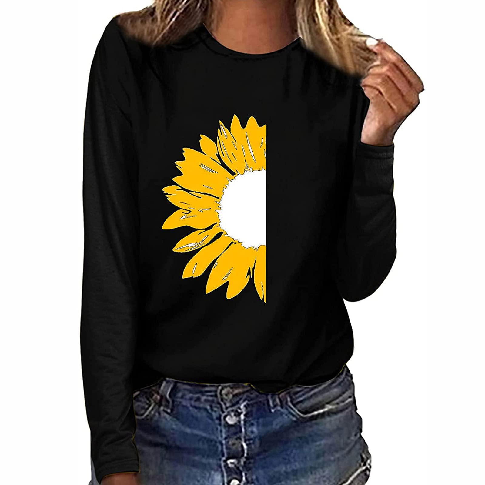 **Sunflower Graphic T-Shirts for Women - Plus Size Long Sleeve Round Neck Casual Faith Tee - Perfect for Church, Outings & Everyday Wear**