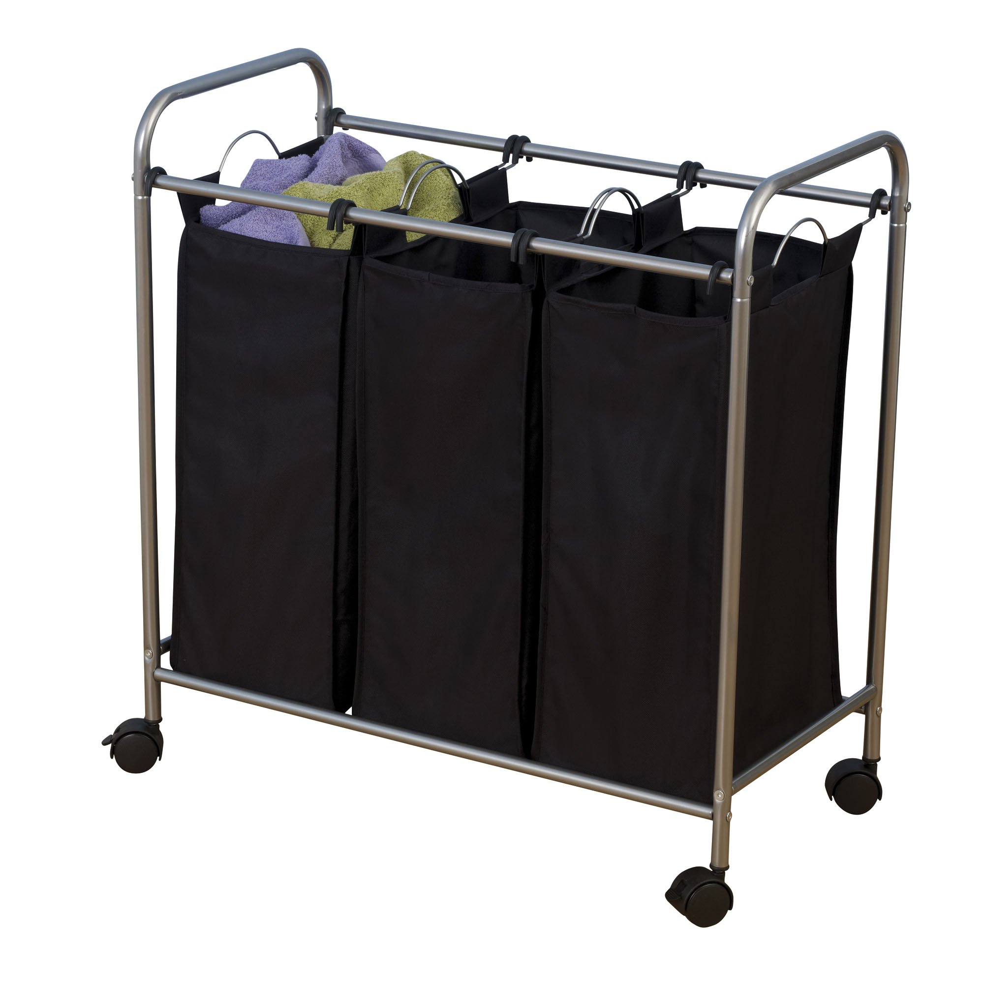 7044 Triple Laundry Sorter with Wheels - Black & Grey Hamper for Bedroom, Laundry Room & Dorm Organization | Foldable Clothes Basket for Easy Sorting & Storage