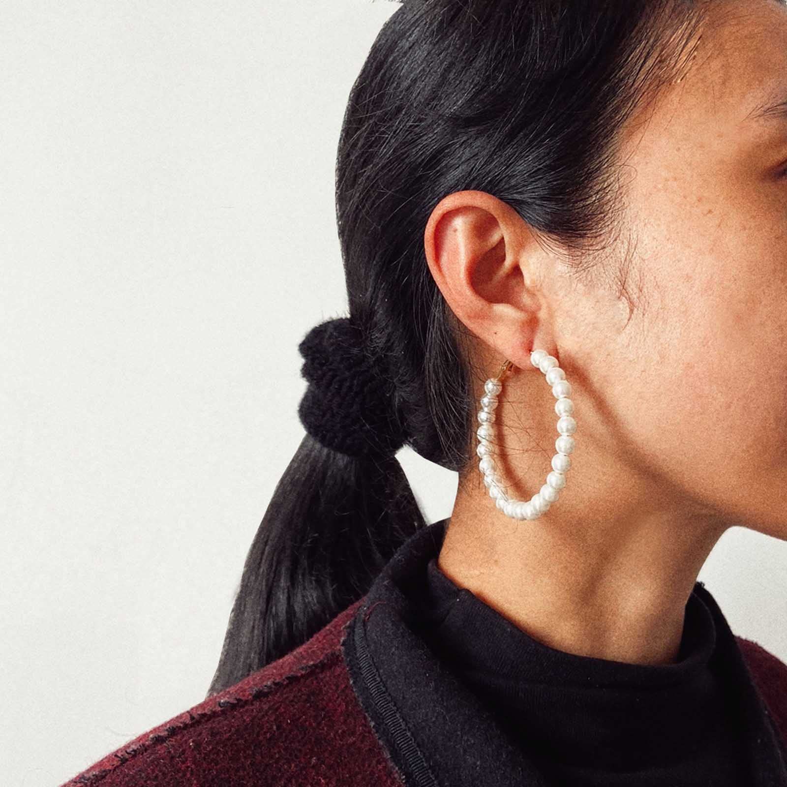 Olbye Pearl Earrings for Women - 14K Gold Plated Geometric Hoop Earrings with Beaded Charm Drop, Elegant Circle Dangle Earrings for Party, Wedding & Daily Wear