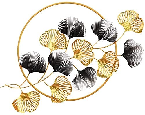 Large Metal Wall Art - Ginkgo Leaf Sculpture with Round Frame, Home & Hotel Decor for Living Room, Bedroom, Office Background | Modern Wall Hanging Decorations