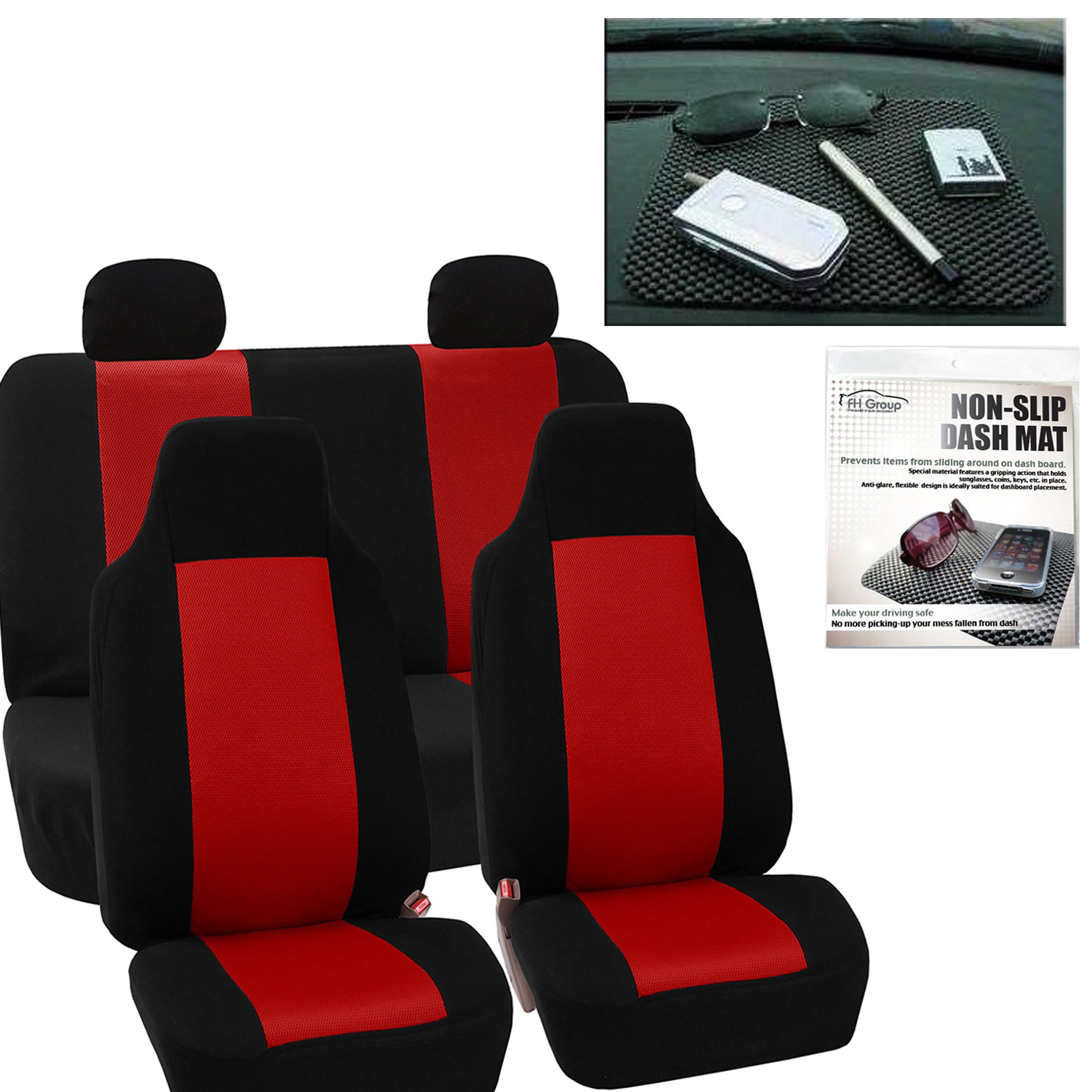 FH Group Universal Car Seat Covers - Red Cloth Full Set for SUV, Sedan, Van | Driving Comfort