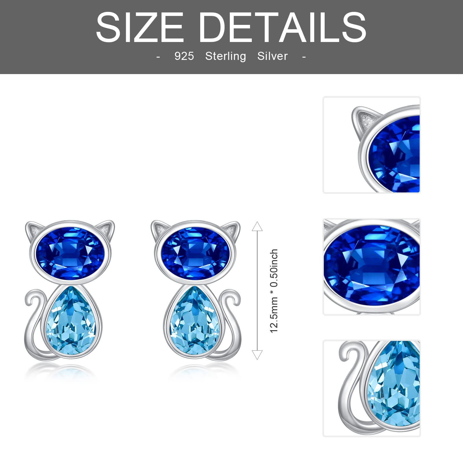 OBOCO Sterling Silver Cat Jewelry Set - Blue Purple Austrian Crystal Adjustable Ring & Stud Earrings | Adorable Kitten Pet Jewelry for Cat Lovers | Perfect Anniversary Gift for Women | Great for Casual Wear, Date Nights & Cat-Themed Parties