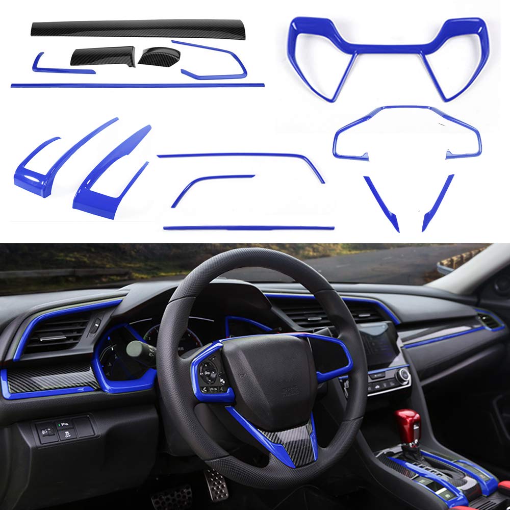 BOYUER 15PCS Interior Accessories Kit for 10th Gen Honda Civic (2016-2021) - Center Console Cover, Gear Box Trim & Decorative Stickers - Blue - Upgrade Your Car Interior Style for Daily Commute & Road Trips