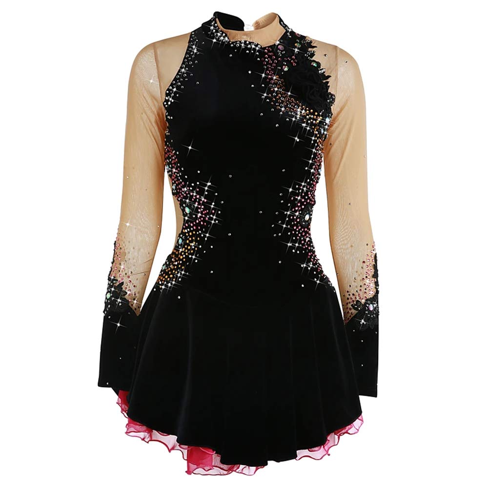 Women's Girls' Figure Skating Dress - White/Black/Purple Velvet High Elastic Competition Costume - Warm Handmade Ice Skating Outfit for Performances & Winter Sports