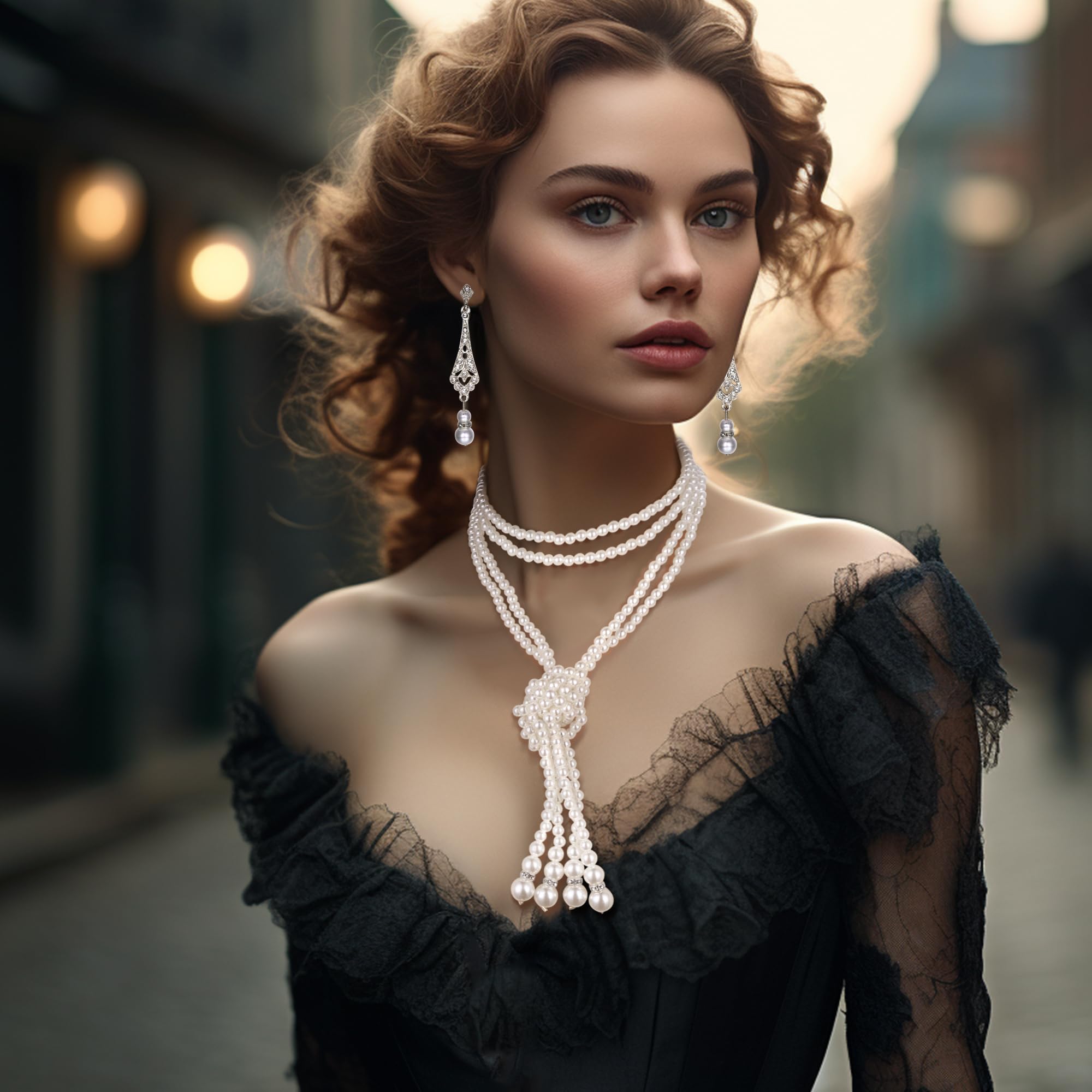 Vintage Pearl Jewelry Set - 6 Pcs 1920s Flapper Necklace, Bracelet, Earrings for Gatsby Party