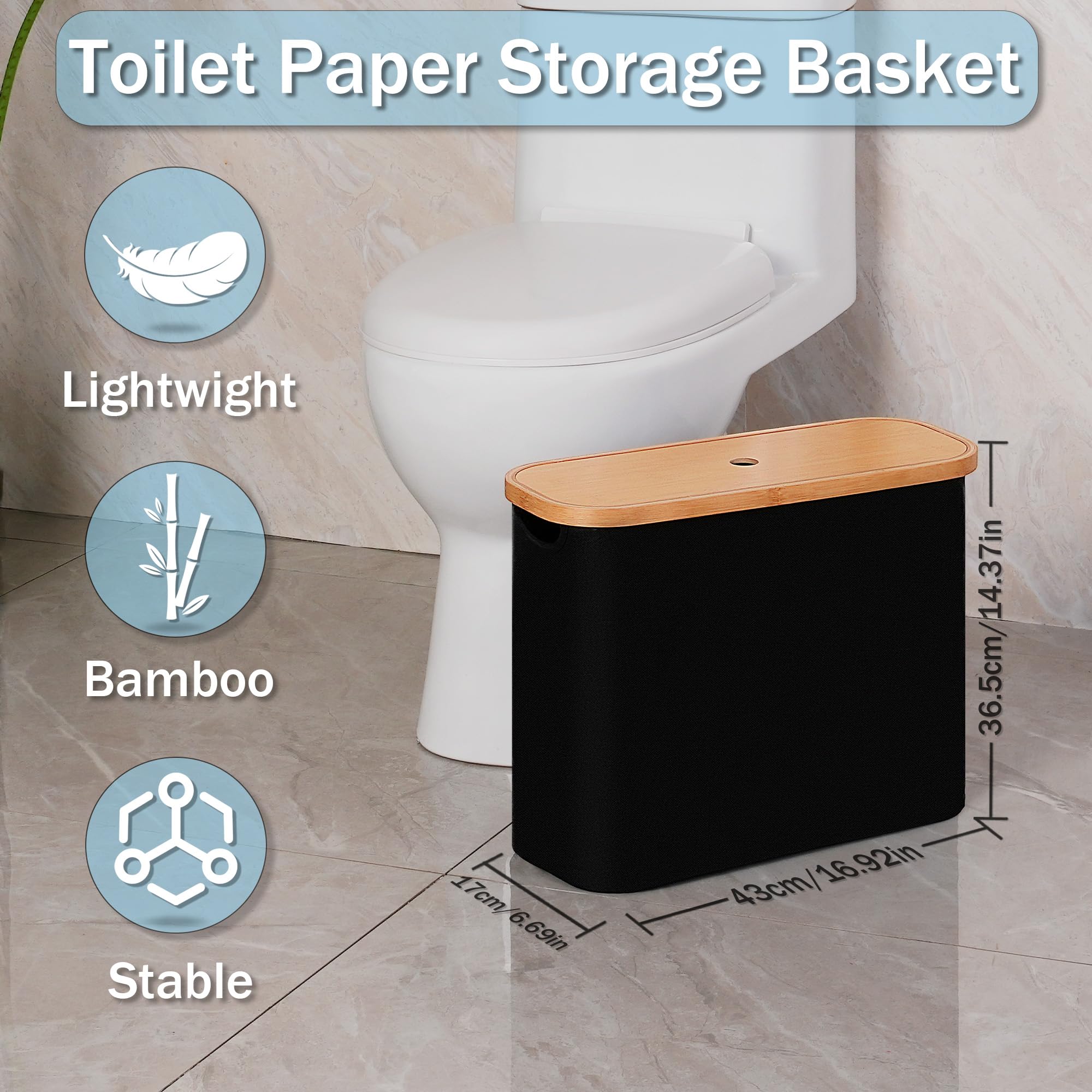 Toilet Paper Storage Basket with Lid - Bathroom Organizer Holds Up to 9 Mega Rolls, Free Standing Black Toilet Paper Holder | Perfect for Bathroom, RV, and Small Space Organization