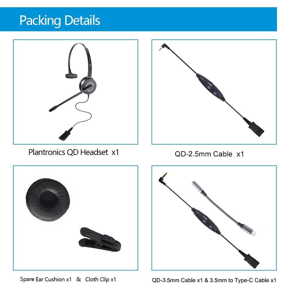 QD Mono Headset with 3.5mm Jack & USB-C Adapter - Compatible with PC, Cellphone, Tablet, Panasonic, Cisco, AT&T, Polycom, Grandstream IP Phones - Mute & Volume Control - Perfect for Office Calls, Remote Work, and Customer Service