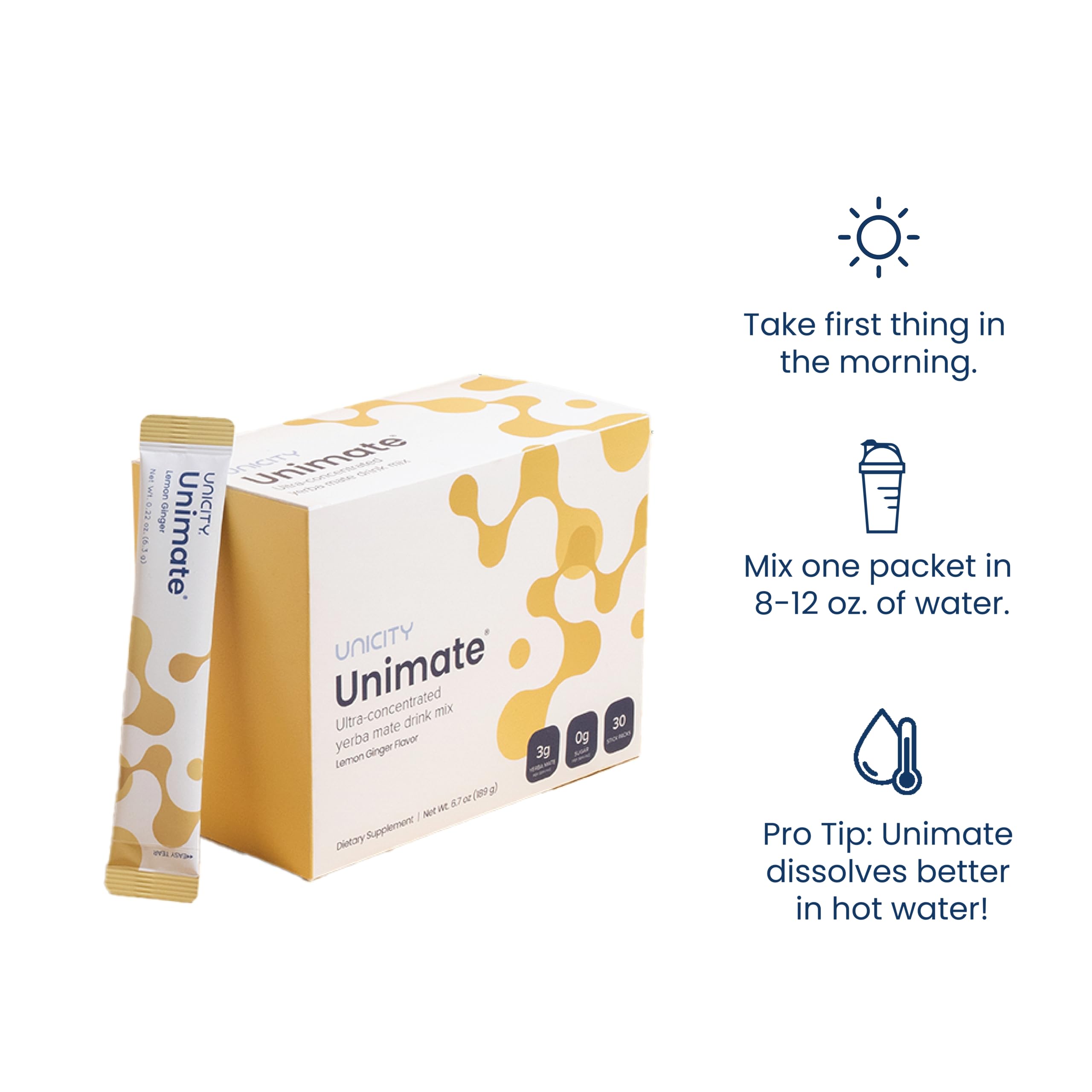 Unicity Unimate Lemon Ginger Yerba Mate Drink Mix - Ultra Concentrated Herbal Supplement (30 Stick Packs) | Healthy Coffee Alternative & Natural Energy Booster | Perfect for Morning Routine, Workout Fuel & Travel