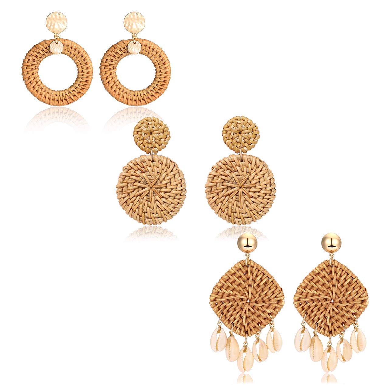 Handmade Boho Rattan Straw Dangle Earrings for Women - Lightweight Woven Wicker Geometric Drop Stud Earrings | Perfect for Summer Festivals, Beach Vacations & Boho Chic Outfits