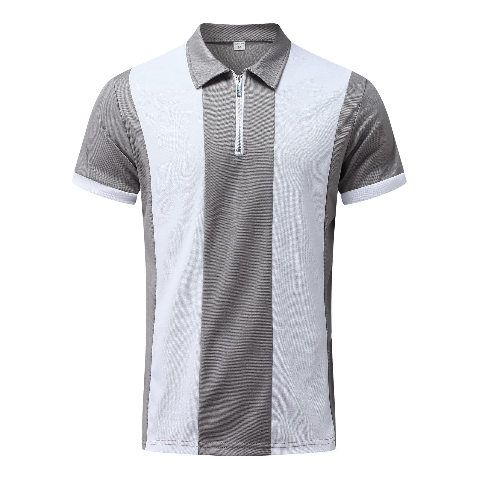 QWENTMTNTY Men's Slim Fit Short Sleeve Polo Shirts with Zipper Turn-Down Collar - Casual Striped Printed T-Shirts for Work, Golf & Summer Outings