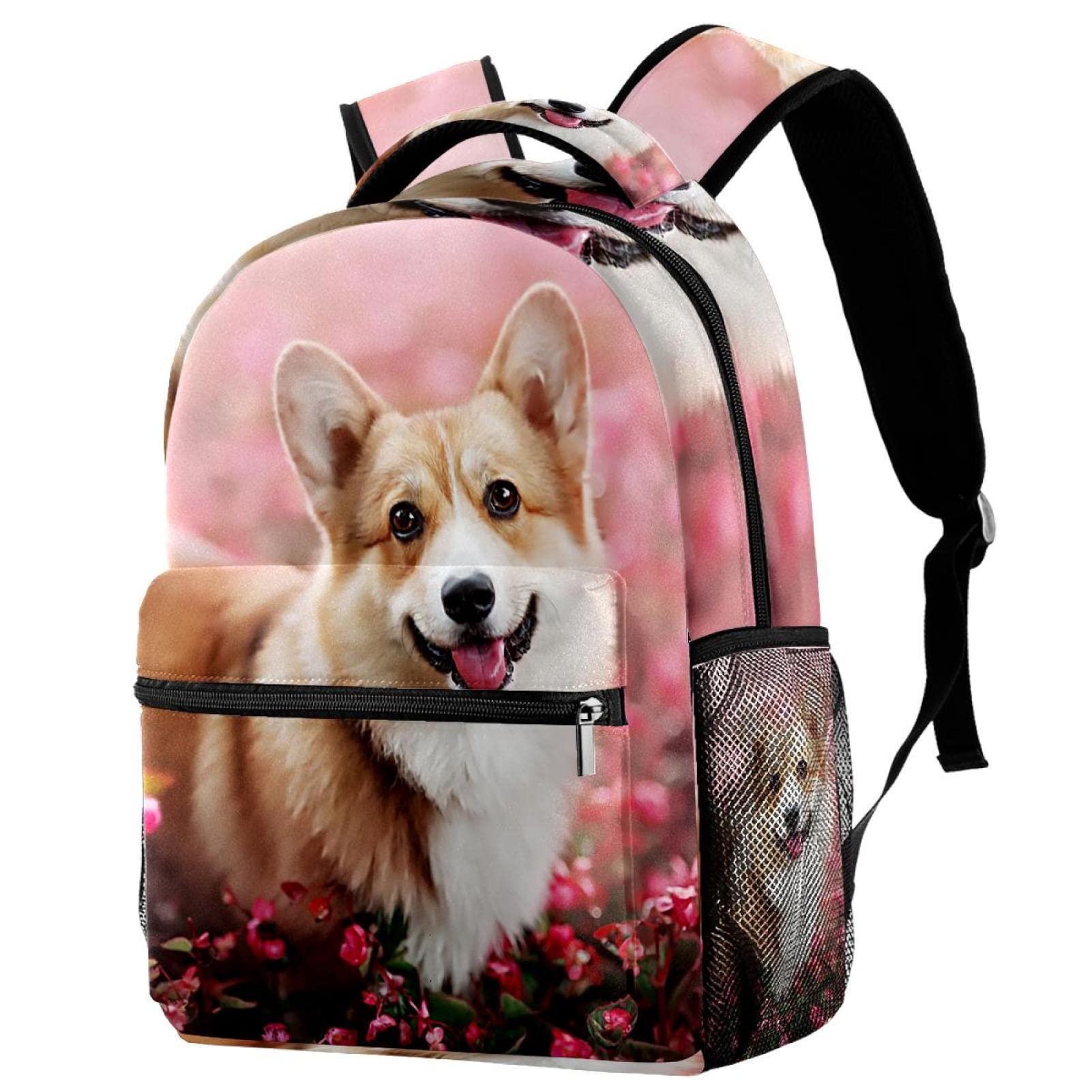 Cute Corgi & Flower Print Lightweight School Backpack for Girls & Boys - Durable Bookbag for Elementary, Middle School & College Students - Perfect for Daily Use, Travel & Outdoor Activities