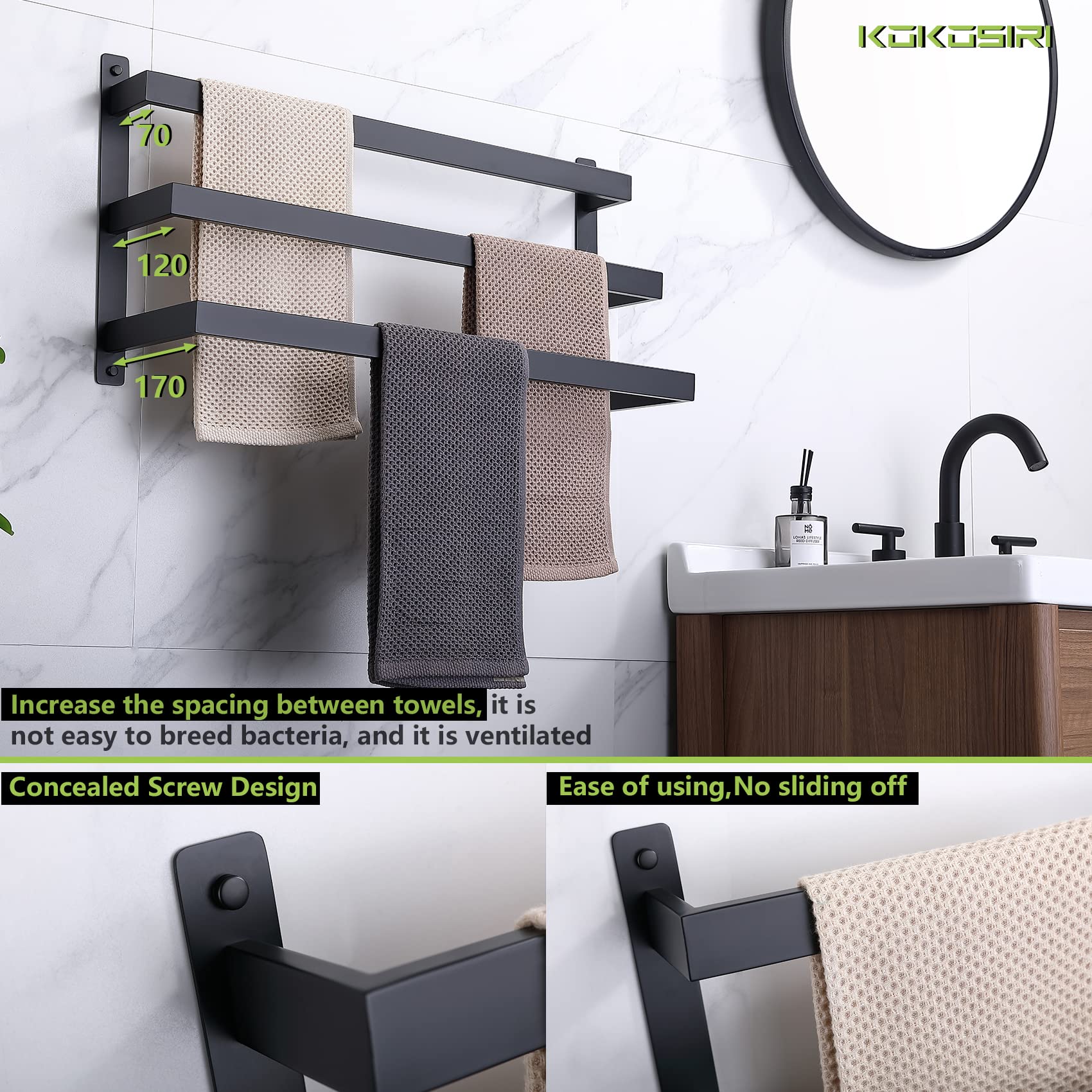 KOKOSIRI 3-Tier Ladder Bathroom Towel Bar & Toilet Paper Holder Set - Matte Black Space-Saving Organizer for Bathroom, Toilet, and Guest Room Storage (B5006BK-L24+B2003BK)