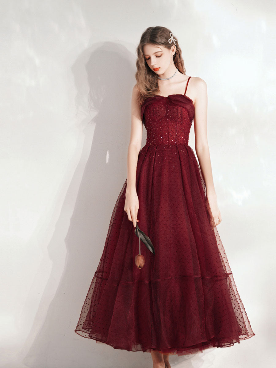 Elegant Aline Tea Length Burgundy Prom Dress | Burgundy Homecoming Gown for Women | Perfect for Formal Dances, Weddings & Special Occasions