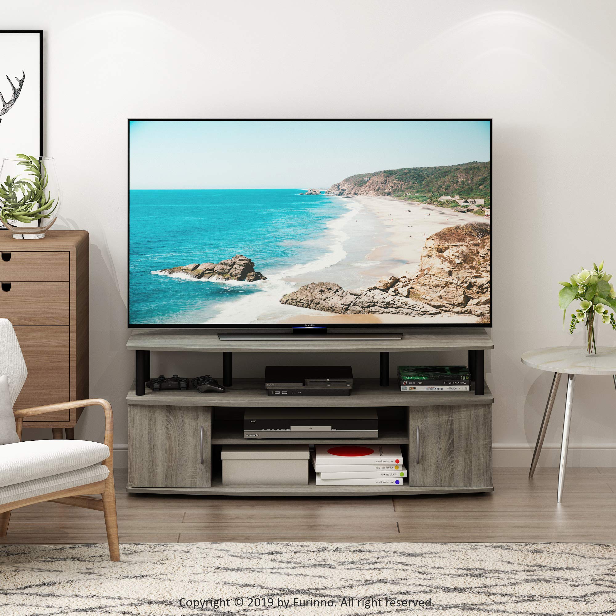 Furinno Entertainment Stand and Coffee Table Bundle - Stylish TV Stand with Storage Shelf & Modern Living Room Furniture Set for Home Theater & Living Space
