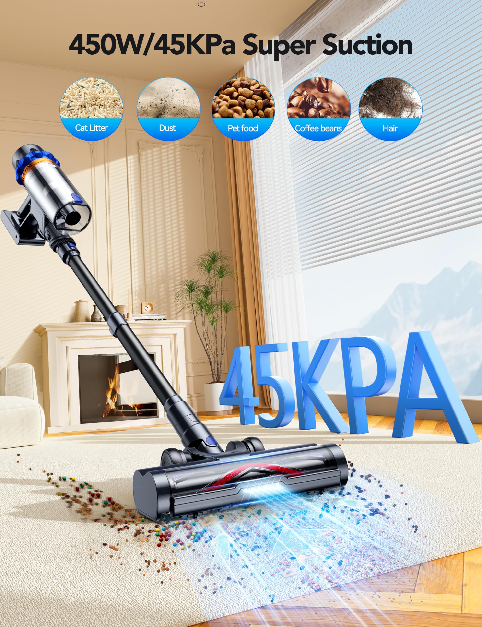 450W 45Kpa Cordless Vacuum Cleaner - Powerful Lightweight Stick Vacuum with LED Headlights, Brushless Motor & 45 Min Runtime - Ideal for Home, Pet Hair, Carpet & Hardwood Floors Cleaning