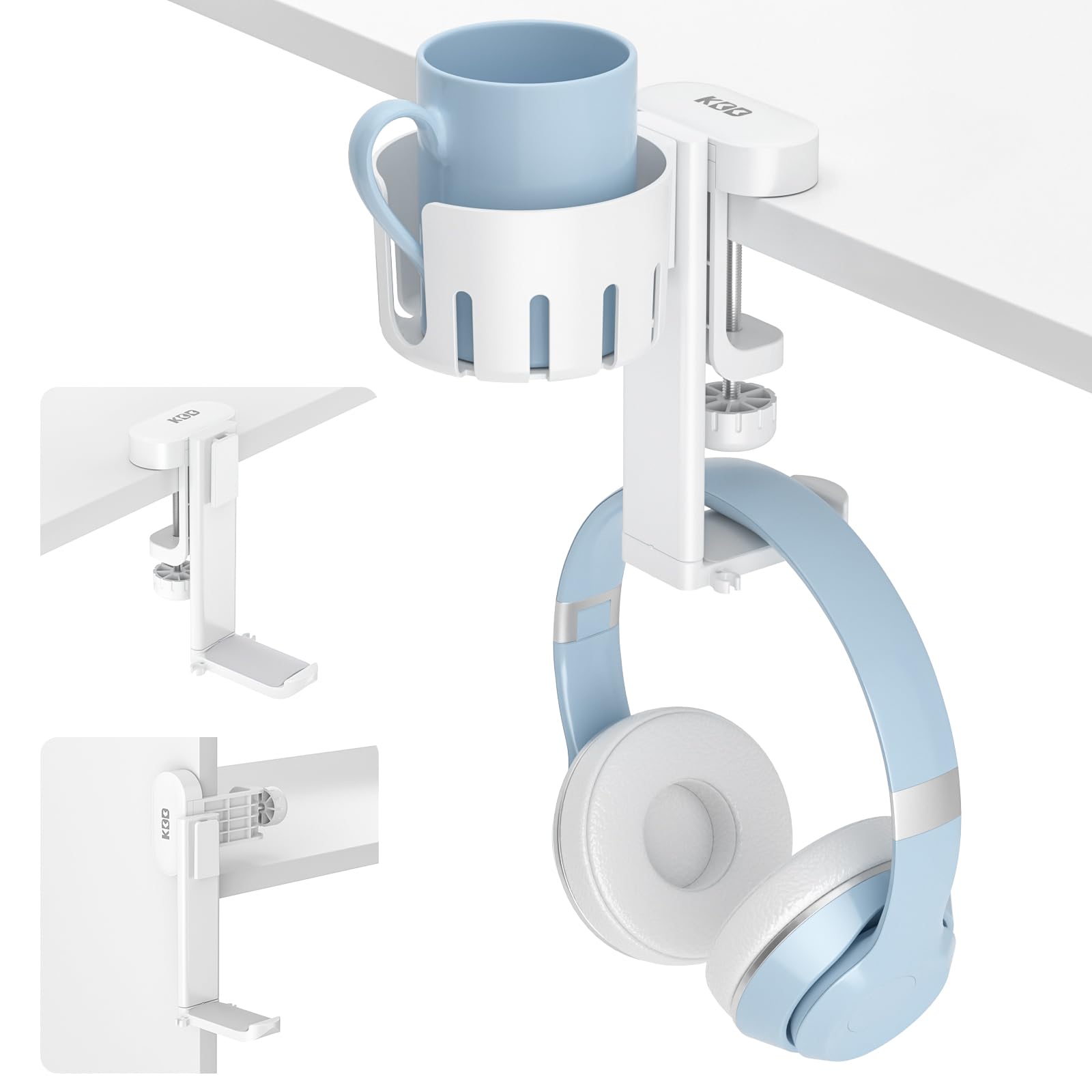 2 in 1 Rotatable Under Desk Headphone Hanger & Cup Holder - Space Saving Clamp Mount for Gaming Headsets, Coffee Mugs & Water Bottles - Perfect for Home Office, Gaming Setup & Workspace Organization (White)
