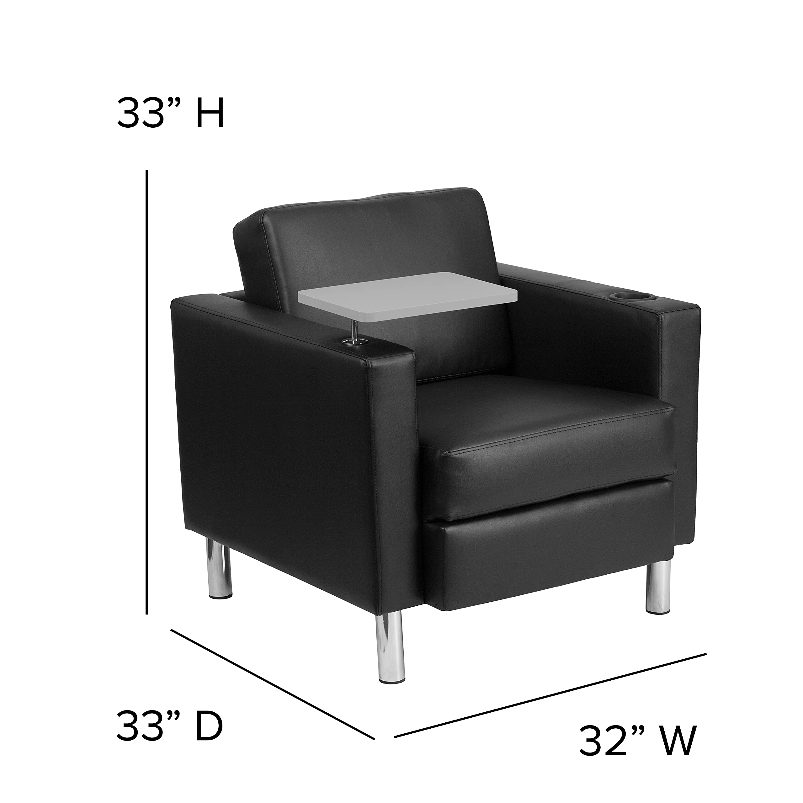 Emma & Oliver Black LeatherSoft Tablet Arm Chair with Tall Chrome Legs & Cup Holder - Ergonomic Office Chair for Home & Workspace, Perfect for Working, Gaming & Relaxing