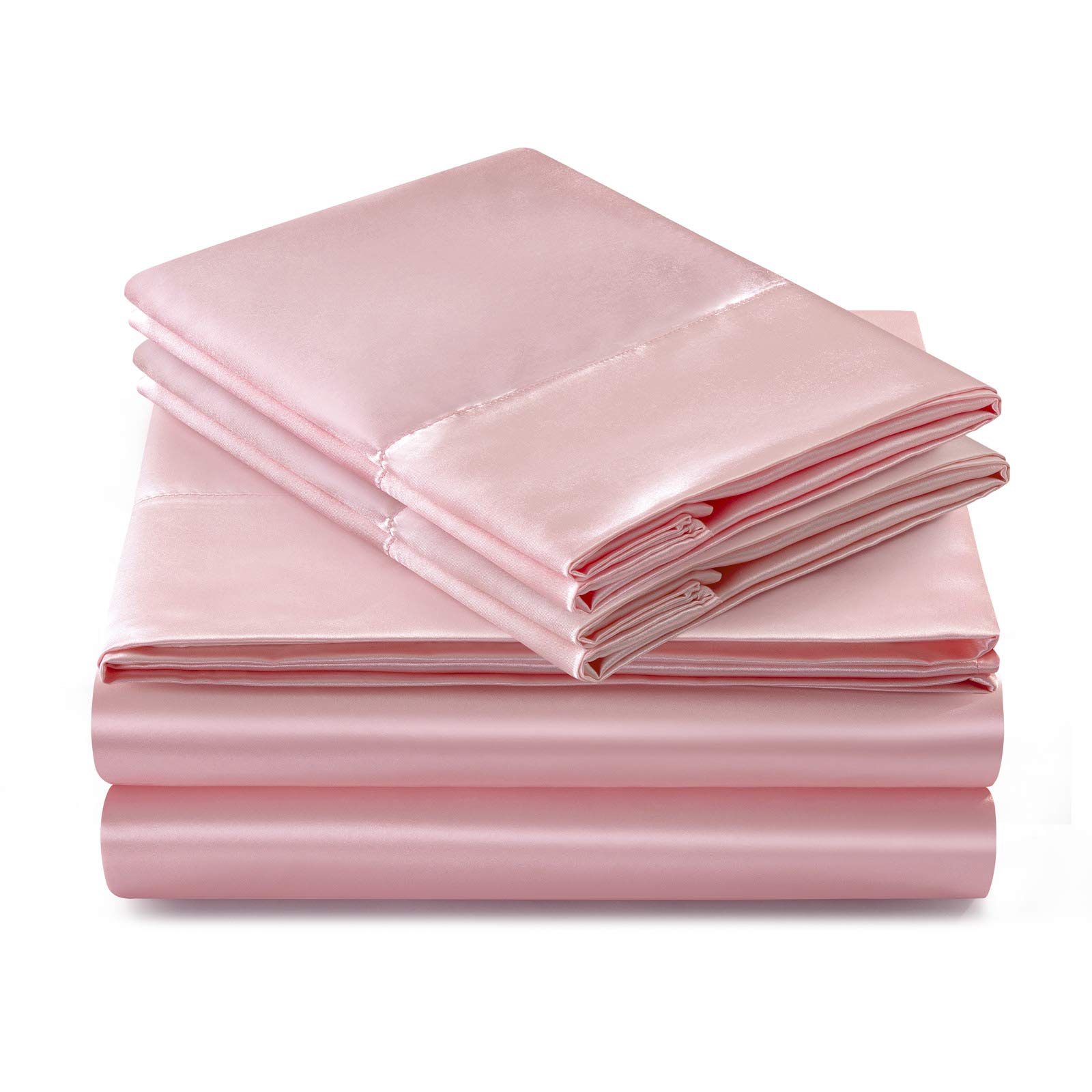 SiinvdaBZX 4PCS Queen Size Satin Sheet Set - Ultra Soft Blush Pink Deep Pocket Fitted Sheets (Fits 18-24