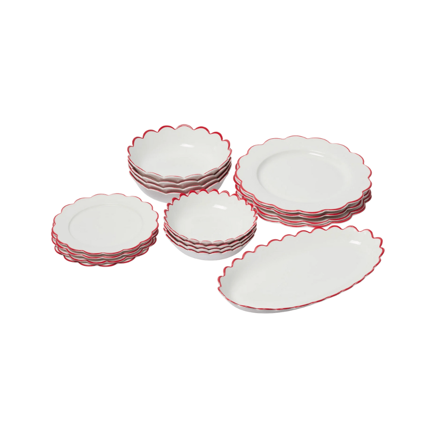 17-Piece Red Edge White Scallop Dining Set - Elegant Dinnerware for Family Gatherings & Holiday Entertaining