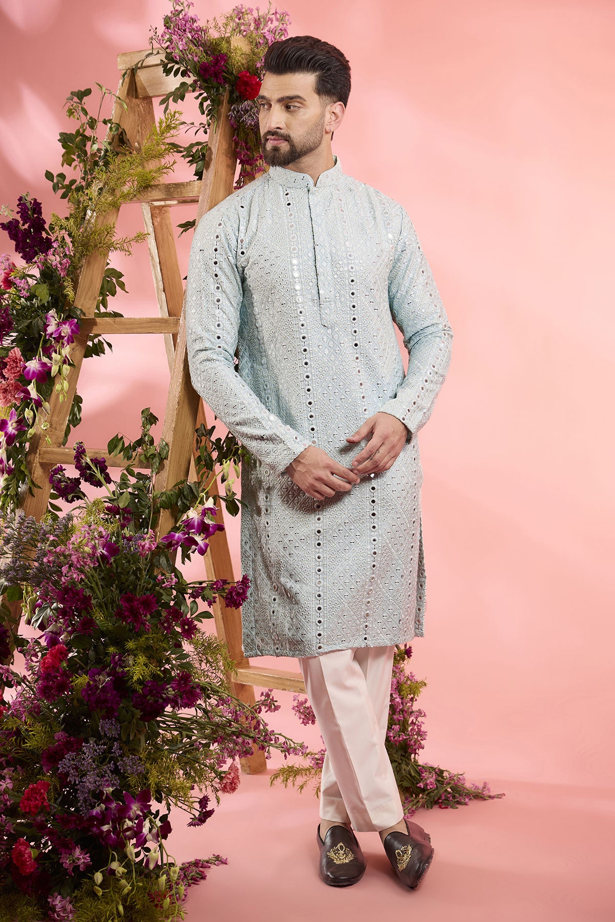 Elegant Powder Blue Silk Kurta with Mirror Work Embroidery - Perfect for Festivals, Weddings, and Special Occasions