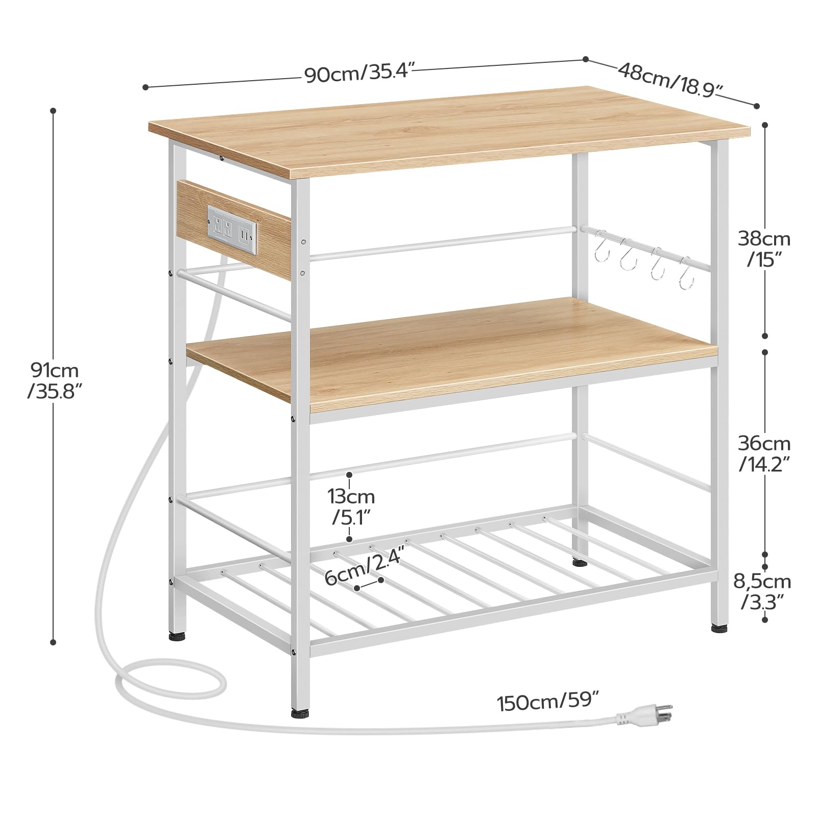 HOOBRO Kitchen Island with Storage & Power Outlet, 3-Tier Coffee Station & Microwave Stand - Natural White WN021ZD01 | Perfect for Small Kitchens, Breakfast Nooks & Dining Room Organization