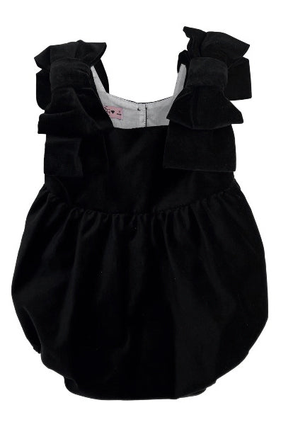 Grace Black Velvet Bow Romper for Women - Elegant Jumpsuit with Adjustable Straps & Side Pockets | Perfect for Parties, Weddings & Date Nights