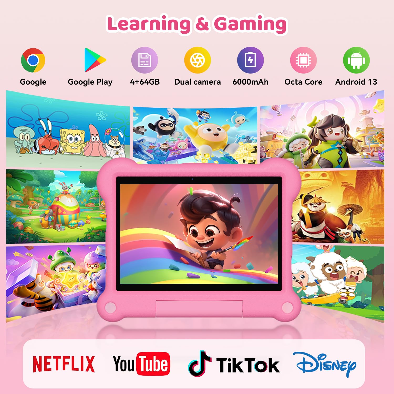 Kids Tablet 7 Inch - WiFi & SIM Card Support, Octa-Core Processor, 64GB/128GB Storage, 6000mAh Battery with GPS - Durable EVA Kid-Proof Case - Preloaded Educational Apps - Perfect Christmas & Birthday Gift for Boys Girls Ages 3-12 (Pink) - Ideal for Learning, Travel & Home Entertainment