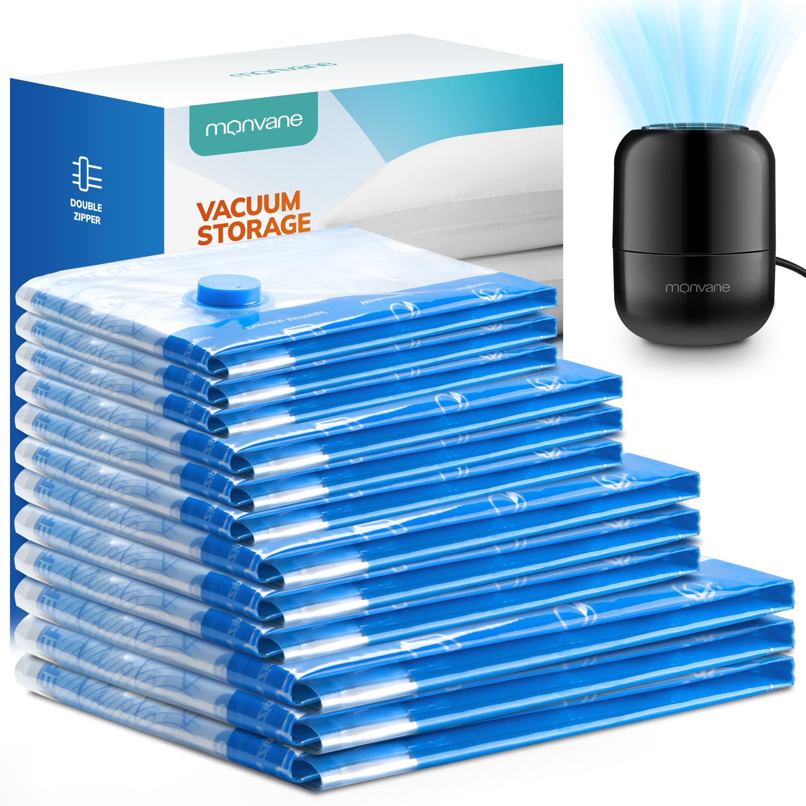 Electric Vacuum Storage Bags with Portable Pump | Space Saver Compression Bags for Clothes, Bedding & Travel (12-Pack) | Perfect for Home Organization & Suitcase Packing