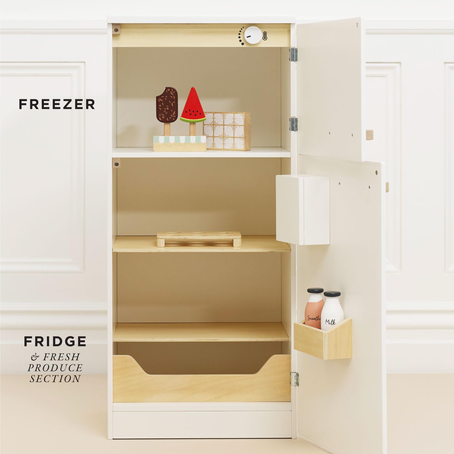 Le Toy Van Wooden Pretend Play Fridge Freezer Set - Grand Free Standing Refrigerator & Freezer with Accessories - Montessori Learning Toy for Kids Ages 3+ - Perfect for Imaginative Play, Kitchen Role Play & Early Childhood Development
