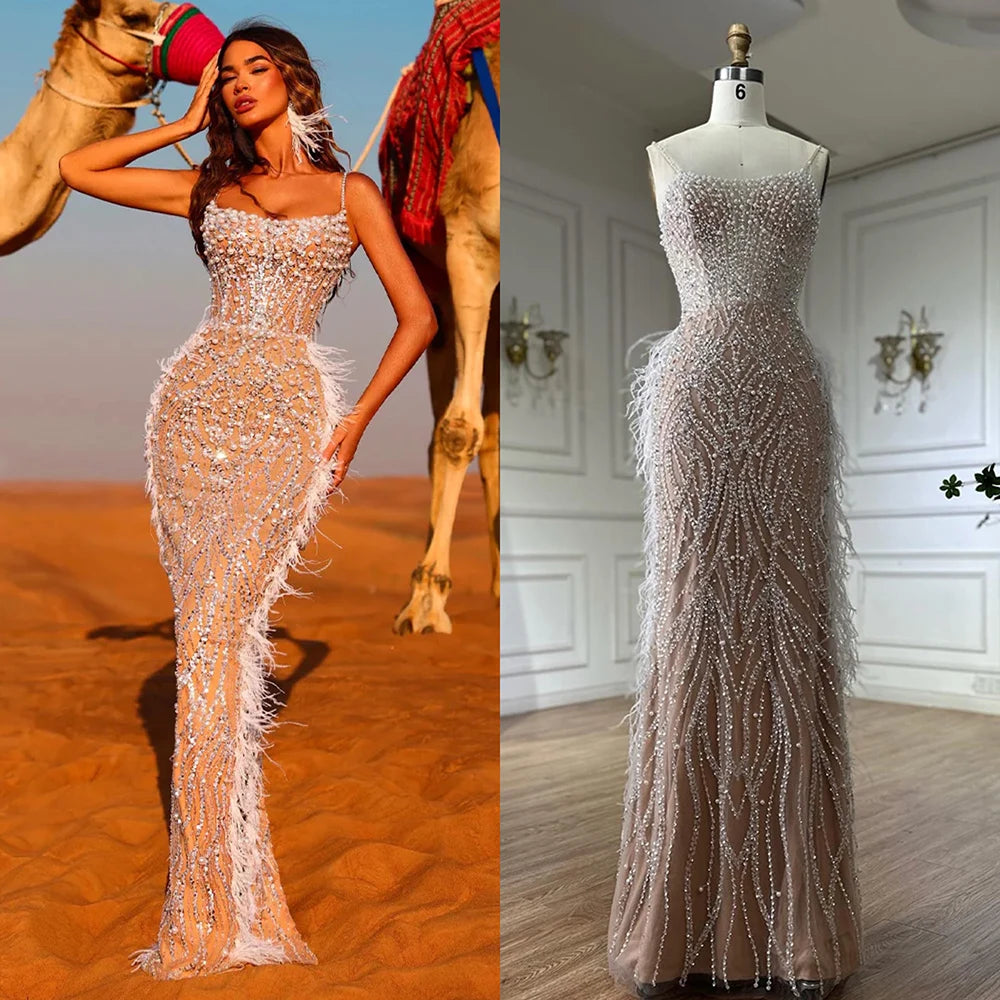 Elegant Dubai Arabic White Nude Spaghetti Strap Feather Beaded Mermaid Evening Gown - Formal Party Dress for Weddings, Galas & Red Carpet Events LA72823