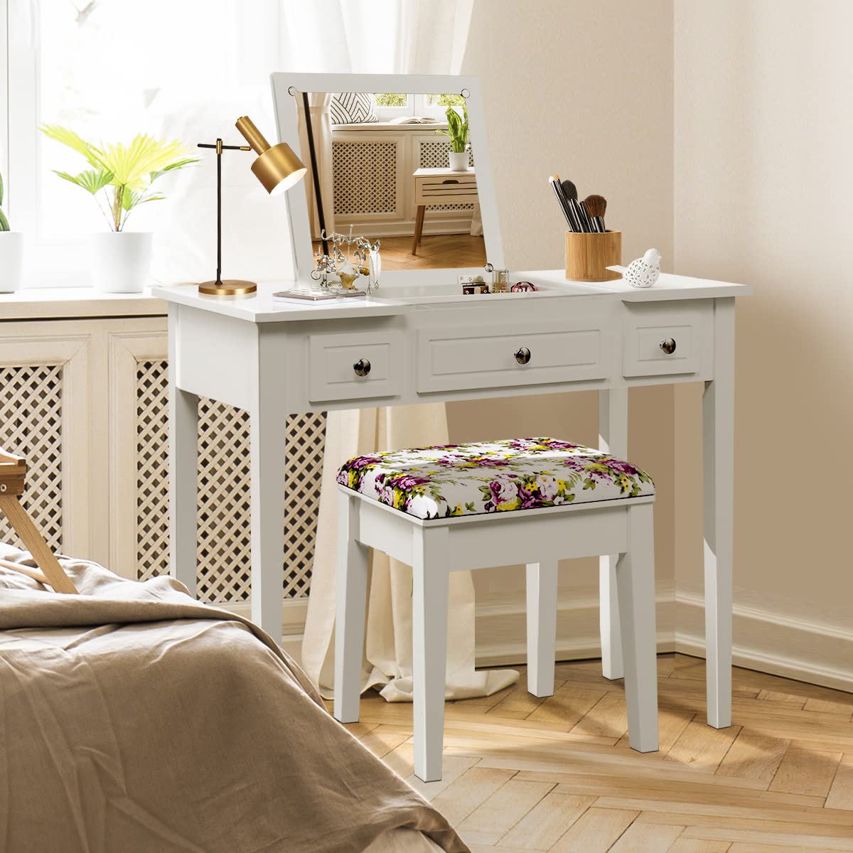Byroce Vanity Set with Bench - White Dressing Table with Flip Top Mirror, 3 Drawers & 7 Compartments, Makeup Desk & Writing Table with Cushioned Stool for Bedroom, Living Room & Home Office - Perfect for Makeup Application, Skincare Routine, and Elegant Home Decor