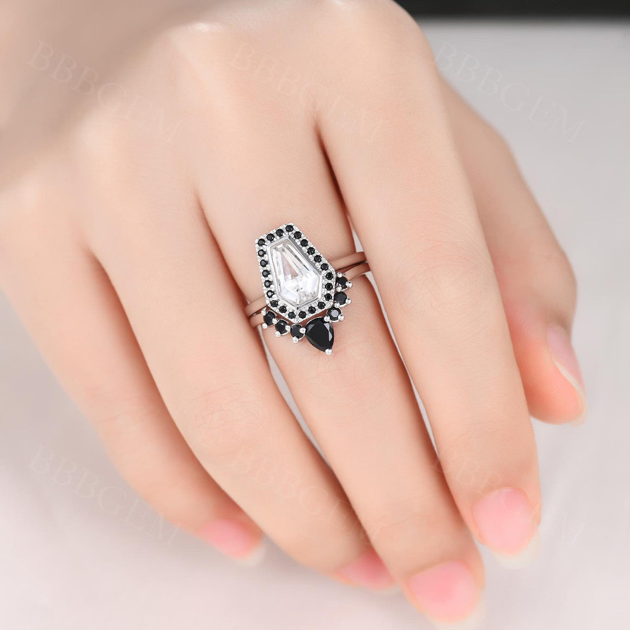 14K White Gold Coffin Cut White Topaz & Black Diamond Gothic Engagement Ring Set (2-Piece) – Perfect for Dark Romance Weddings, Gothic Proposals, and Alternative Jewelry Lovers
